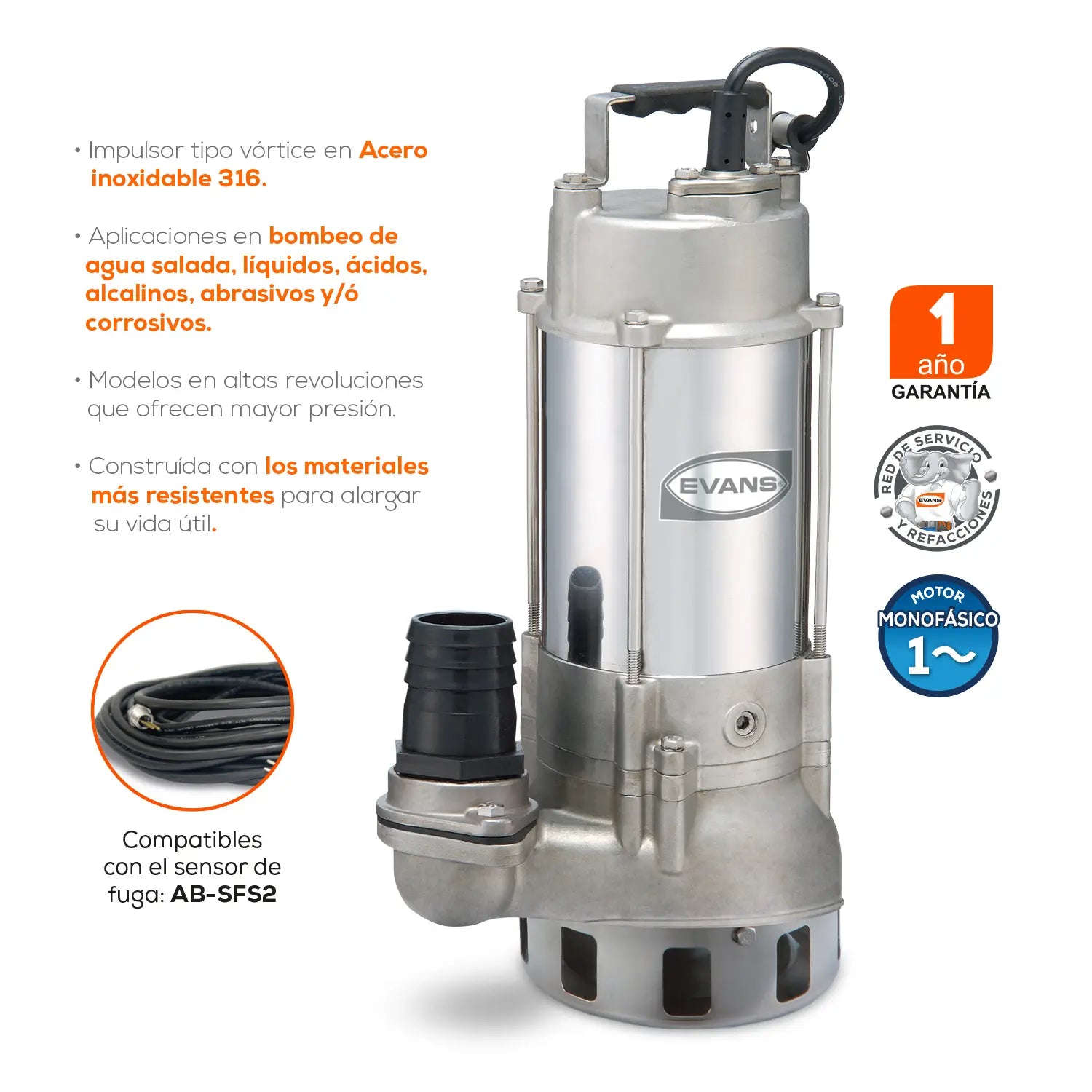 Bomba sumergible para aguas residuales 1 HP 115 V monofásico 185 LPM Marca EVANS. Modelo: SV2ME100F-I