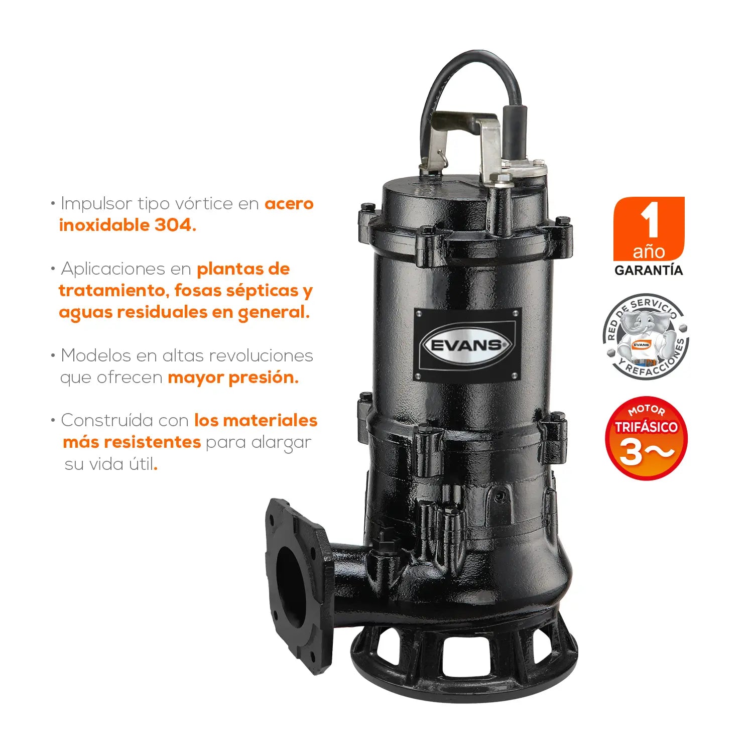 Bomba sumergible para aguas residuales 5 HP 220 V trifásico 900 LPM Marca EVANS. Modelo: SV3ME0500G2P