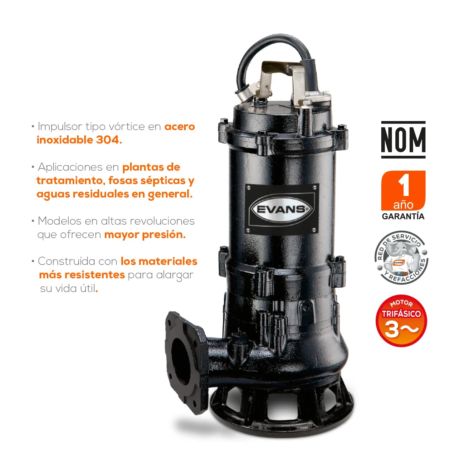 Bomba sumergible para aguas residuales 10 HP 220 V trifásico 900 LPM Marca EVANS. Modelo: SV3ME1000G2P