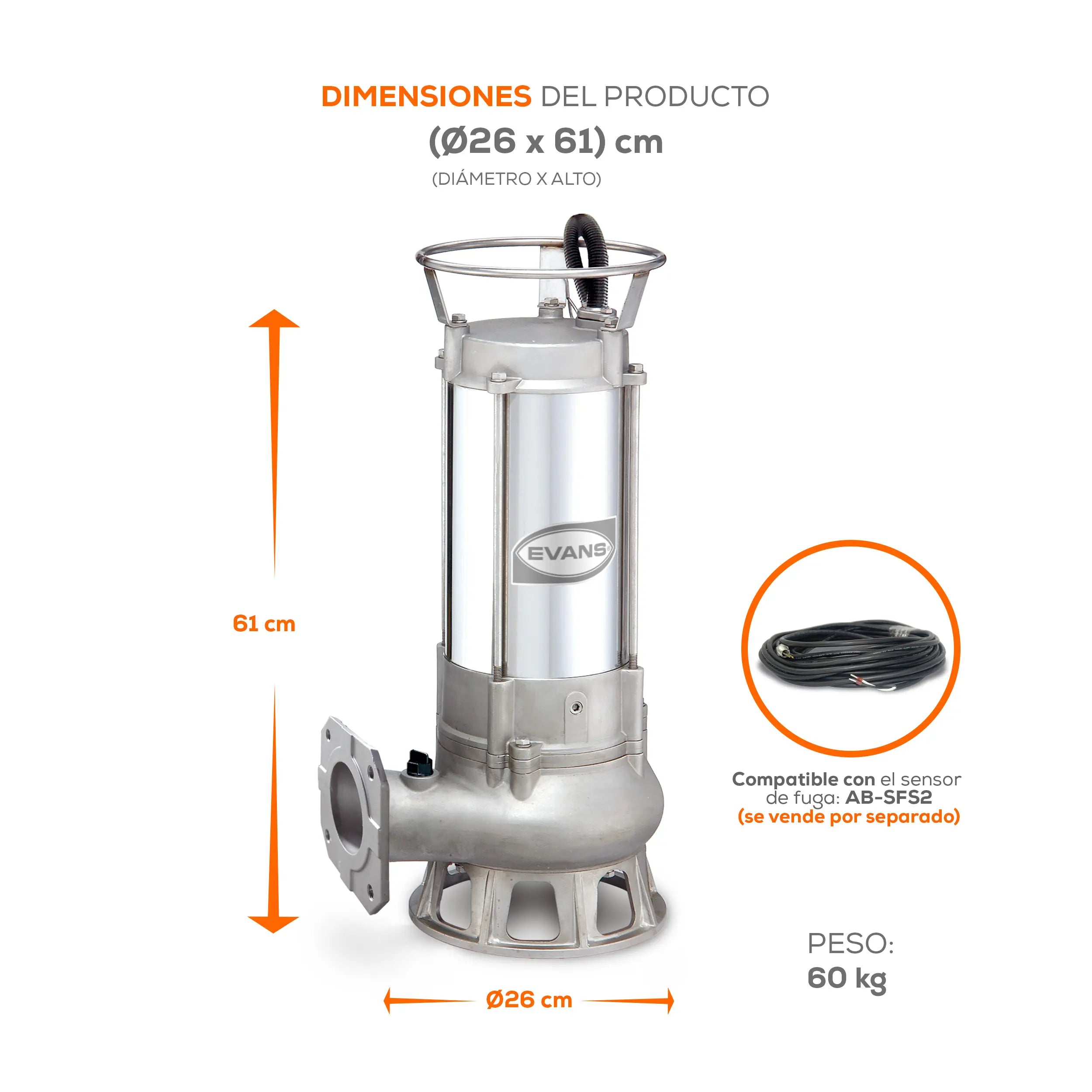 Bomba sumergible para aguas residuales 10 HP 1320 LPM 220 V trifásico Marca EVANS. Modelo: SV3ME1000G-I