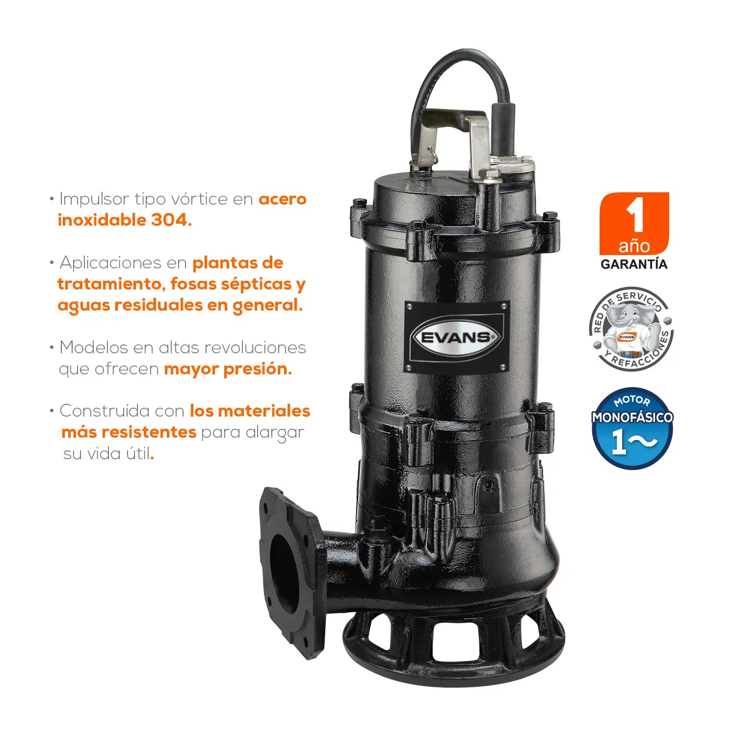 Bomba sumergible para aguas residuales 2 HP 220 V monofásico 330 LPM Marca EVANS. Modelo: SV3ME200G2P