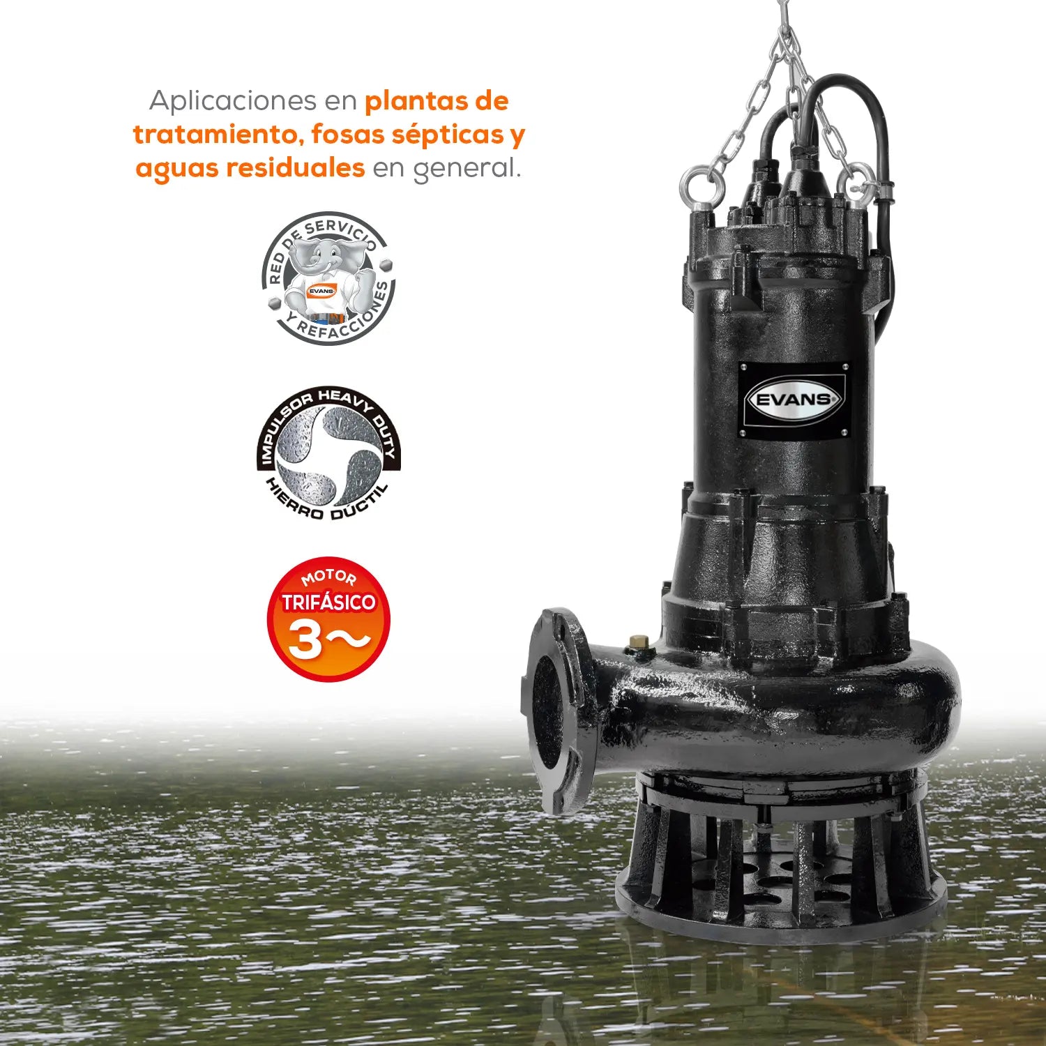 Bomba sumergible para aguas residuales 20 HP 220/440 V trifásico Marca EVANS. Modelo: SV6ME2000