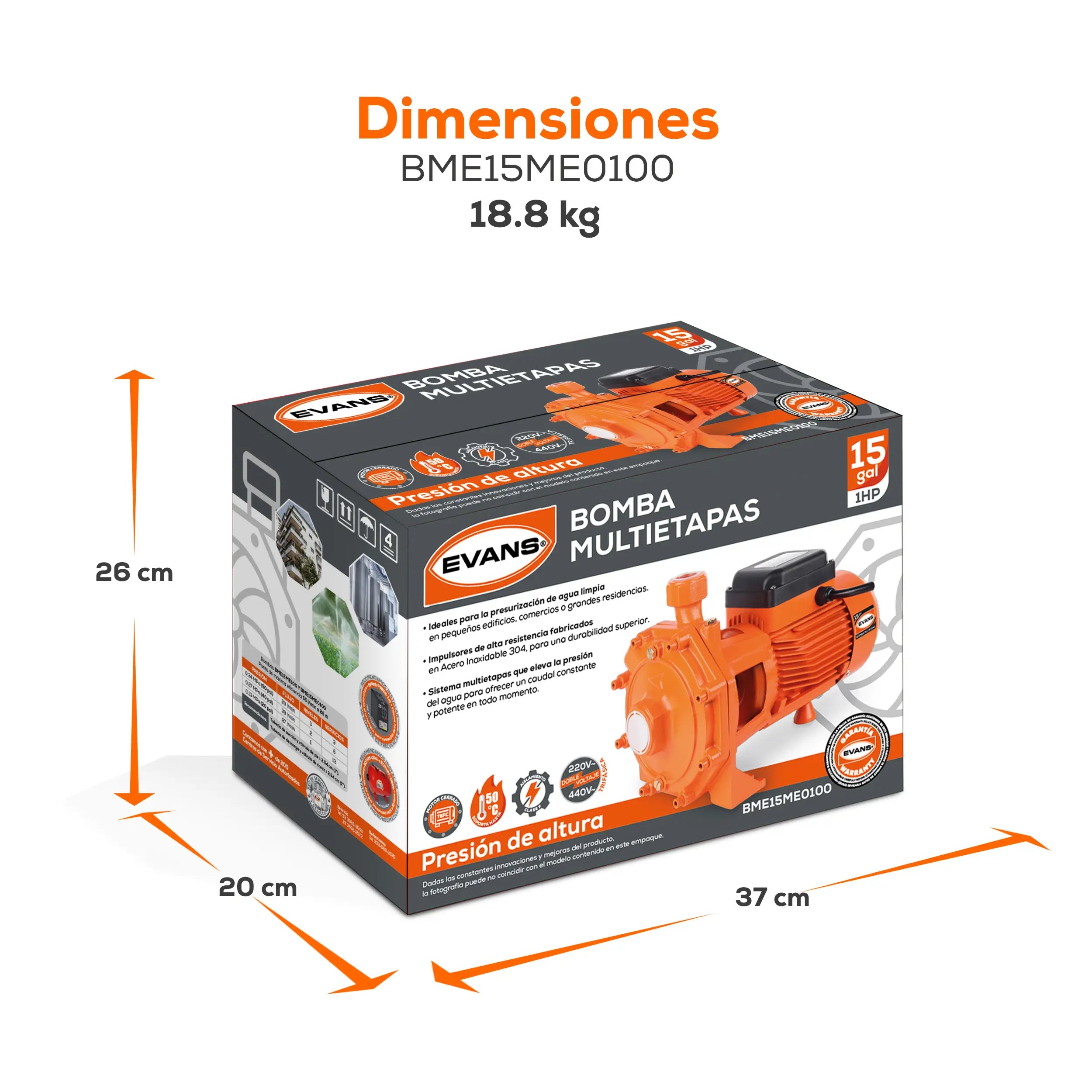 Bomba multietapas 1 HP 116 LPM 220/440 V trifásico Marca EVANS. Modelo: BME15ME0100