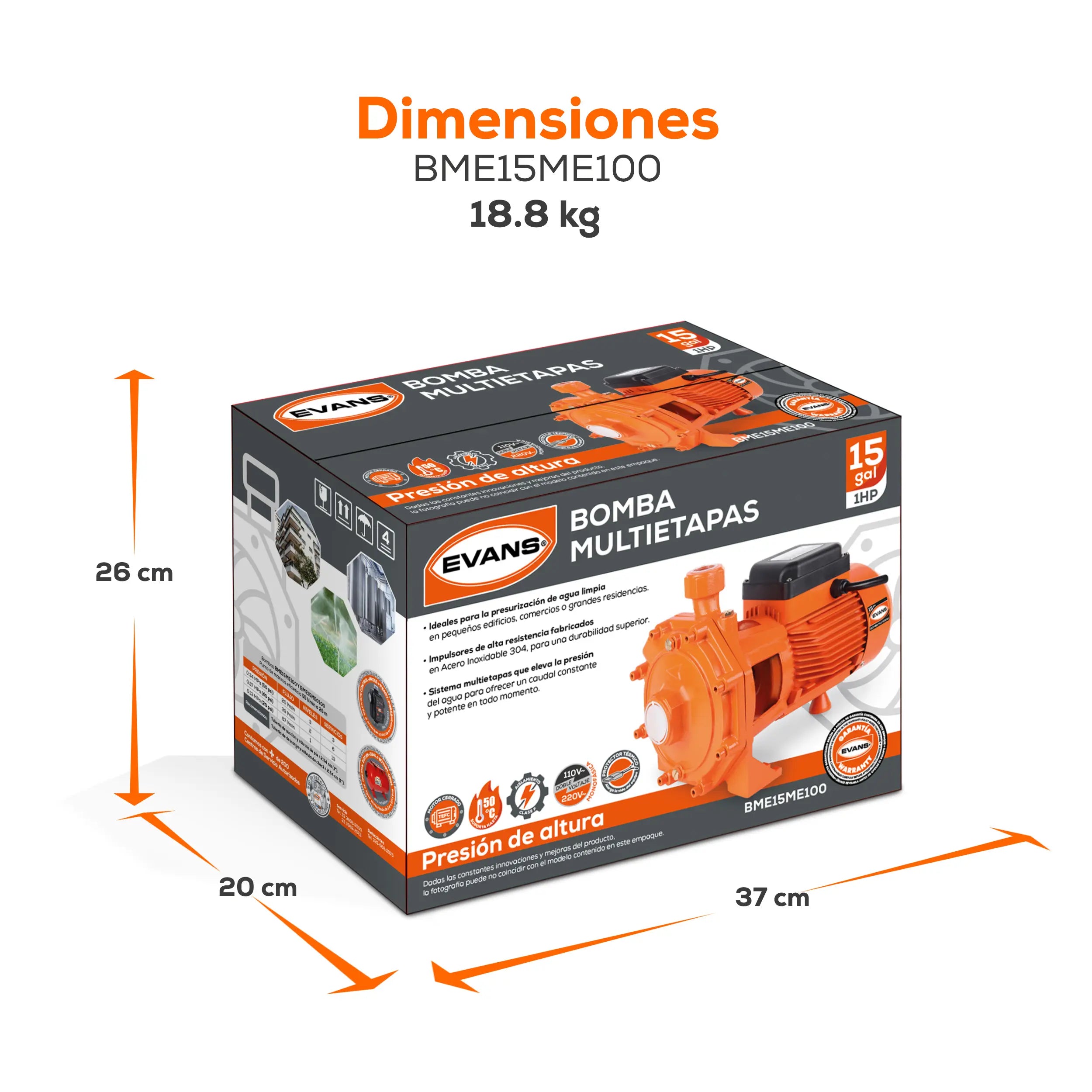 Bomba multietapas 1 HP 116 LPM 115/220 V monofásico Marca EVANS. Modelo: BME15ME100