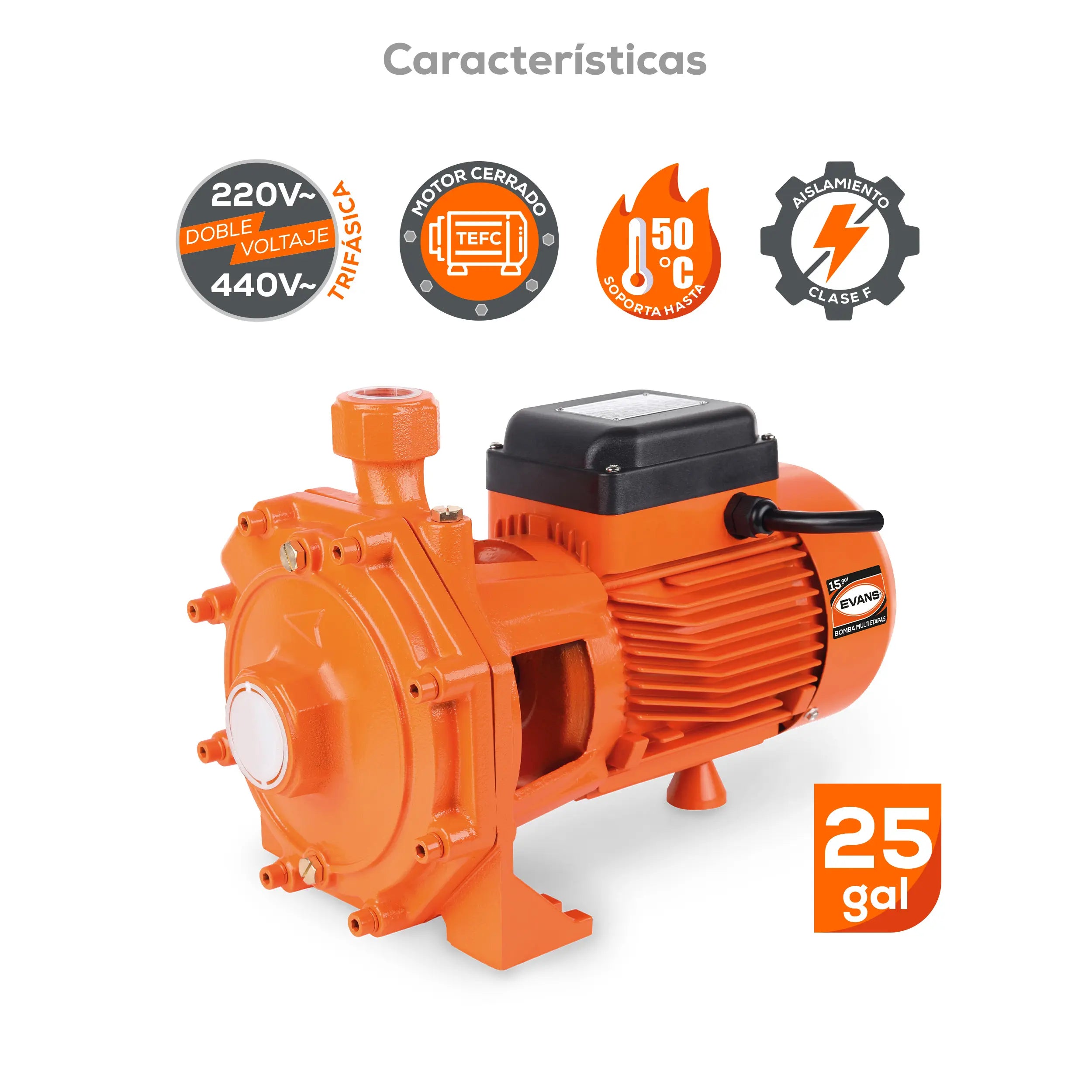 Bomba multietapas 1.5 HP 180 LPM 220/440 V trifásico Marca EVANS. Modelo: BME25ME0150