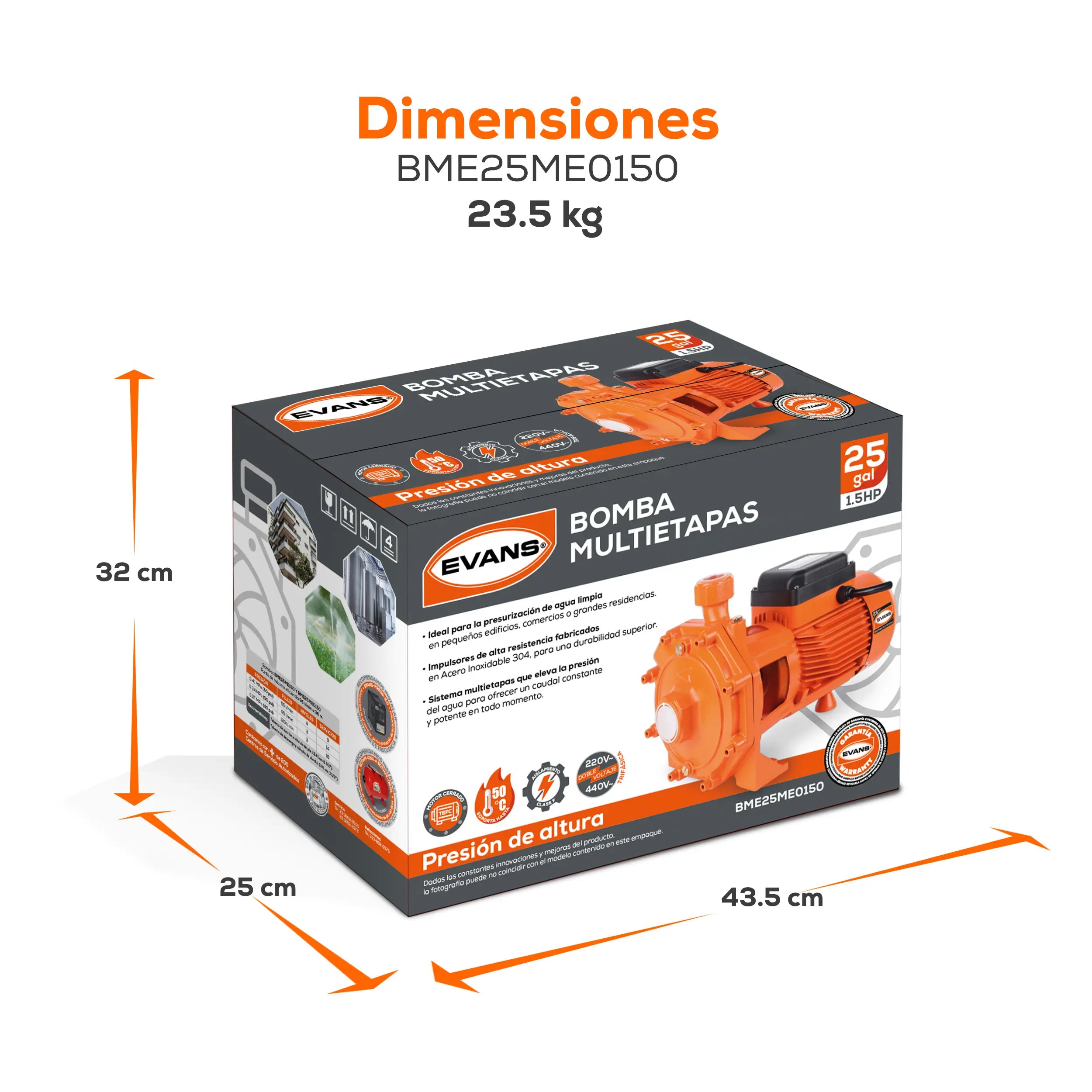 Bomba multietapas 1.5 HP 180 LPM 220/440 V trifásico Marca EVANS. Modelo: BME25ME0150
