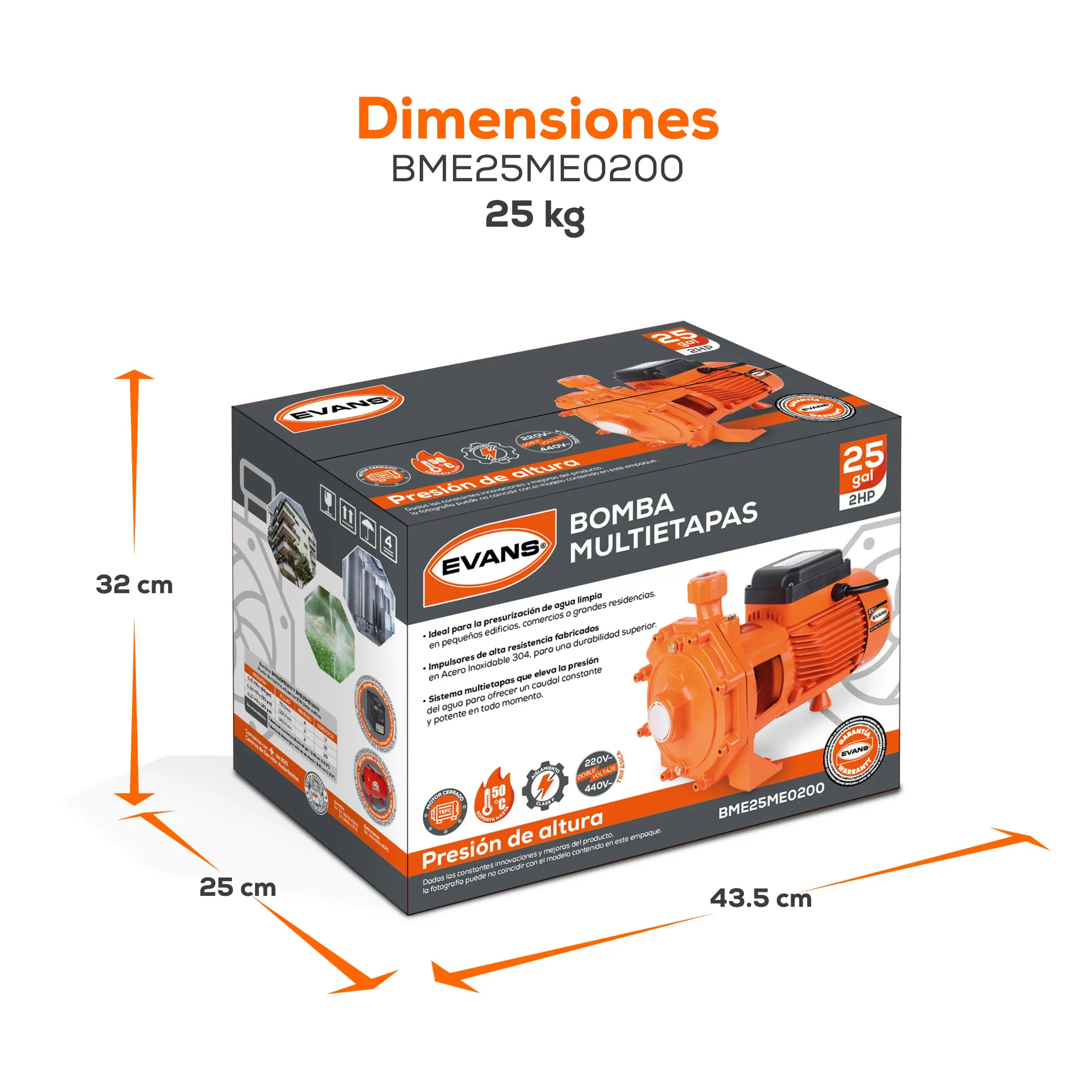 Bomba multietapas 2 HP 180 LPM 220/440 V trifásico Marca EVANS. Modelo: BME25ME0200