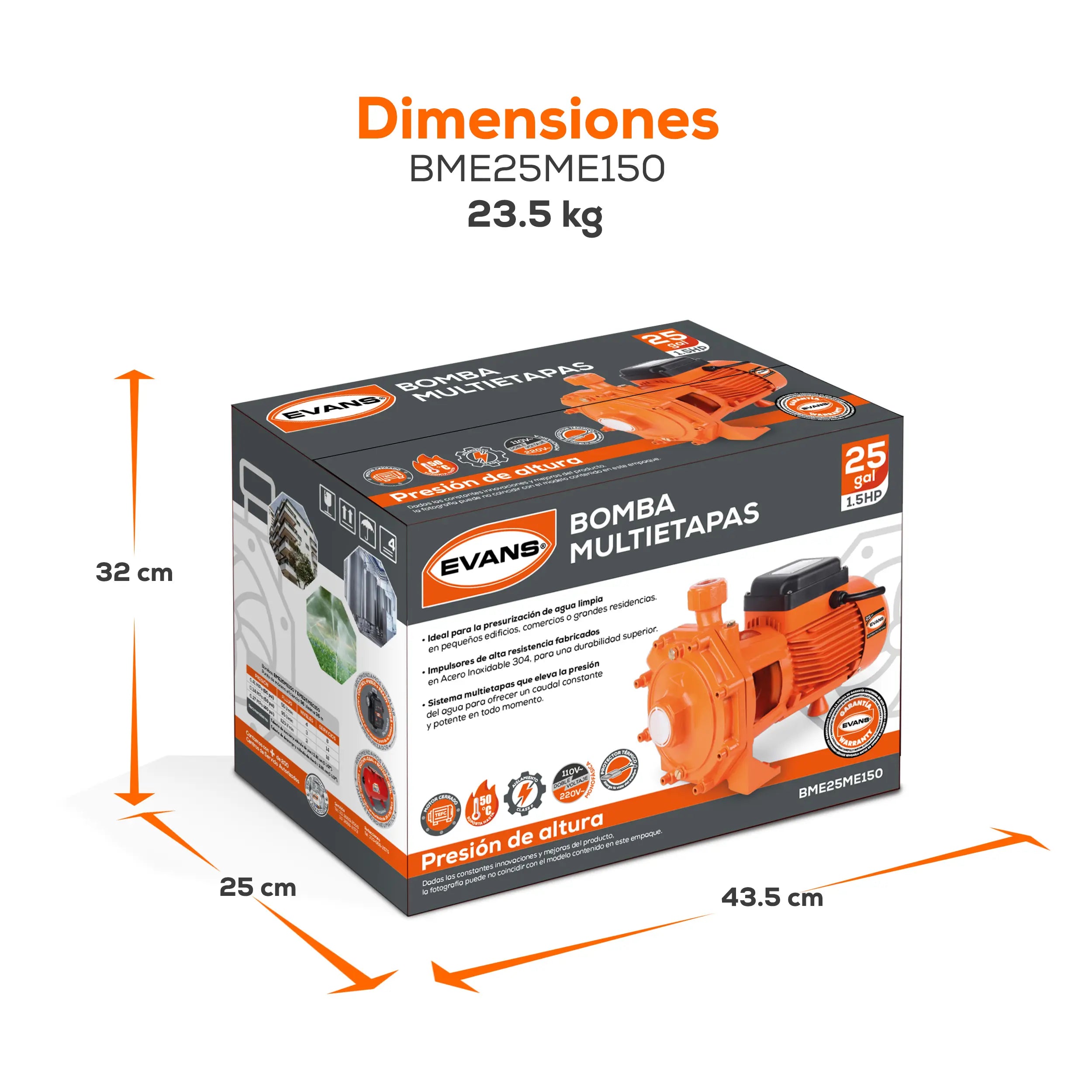 Bomba multietapas 1.5 HP 180 LPM 115/220 V monofásico Marca EVANS. Modelo: BME25ME150