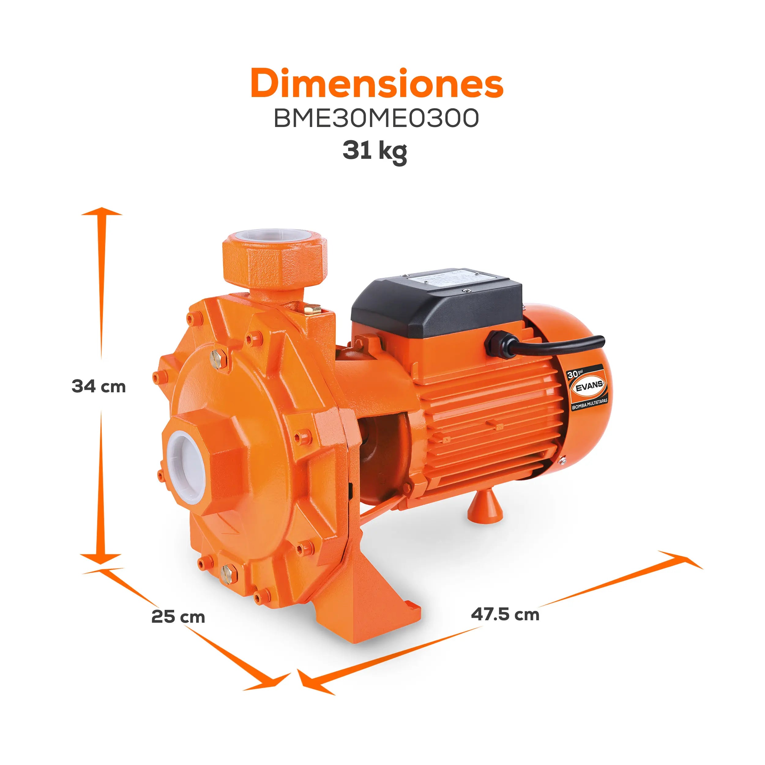 Bomba multietapas 3 HP 235 LPM 220/440 V trifásico Marca EVANS. Modelo: BME30ME0300