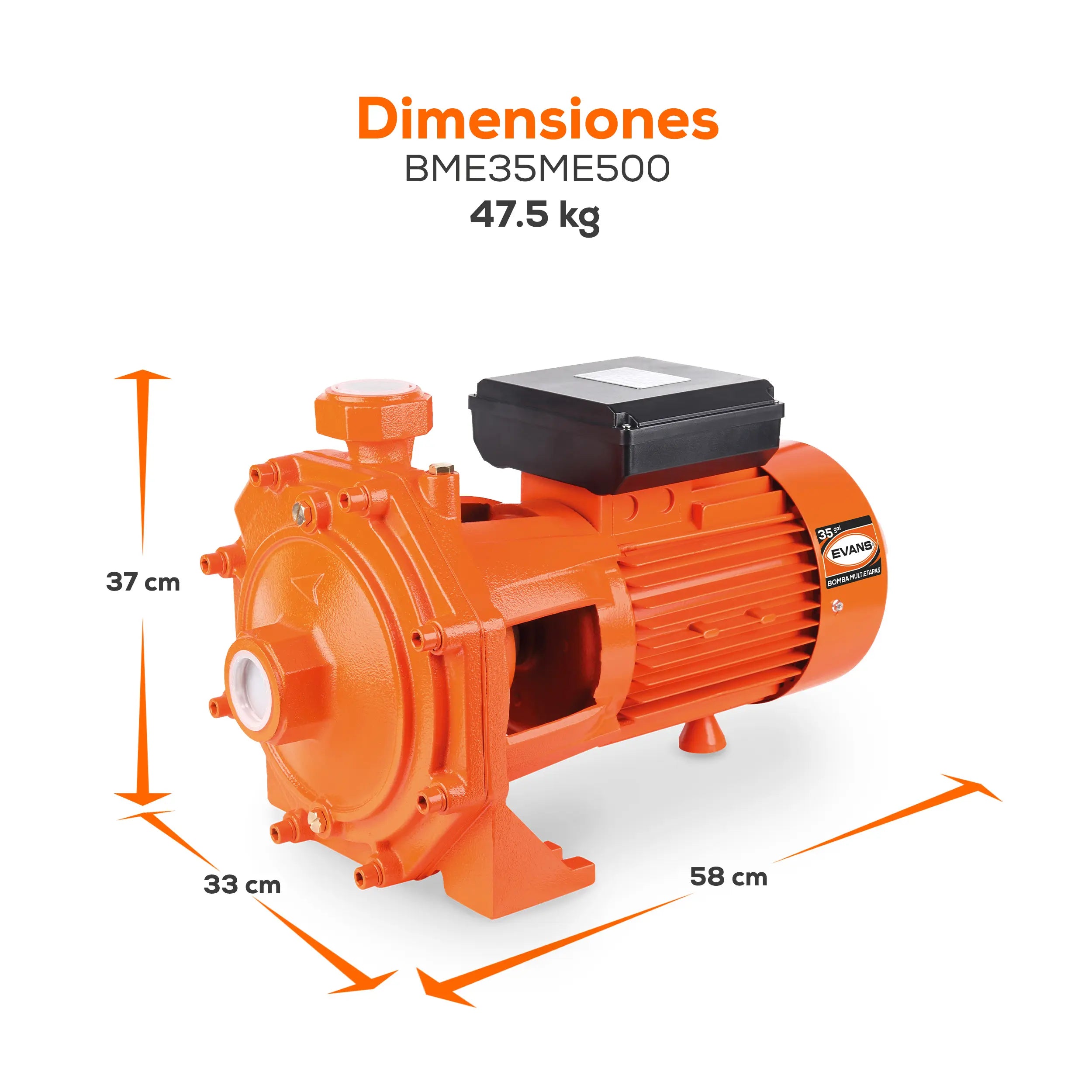 Bomba multietapas 5 HP 235 LPM 220 V monofásico Marca EVANS. Modelo: BME35ME500