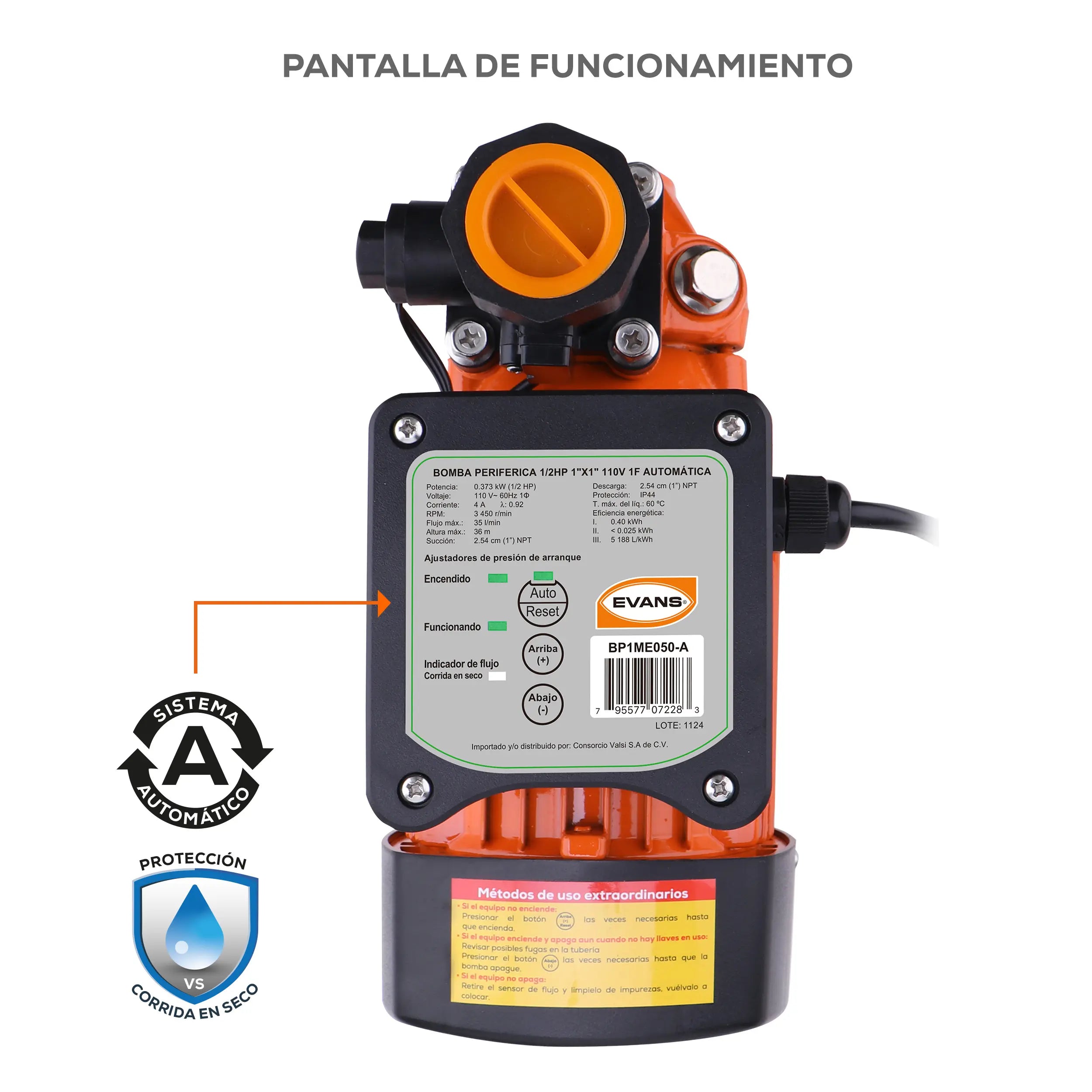 Bomba presurizadora 1/2 HP 35 LPM 115 V monofásico Marca EVANS. Modelo: BP1ME050-A