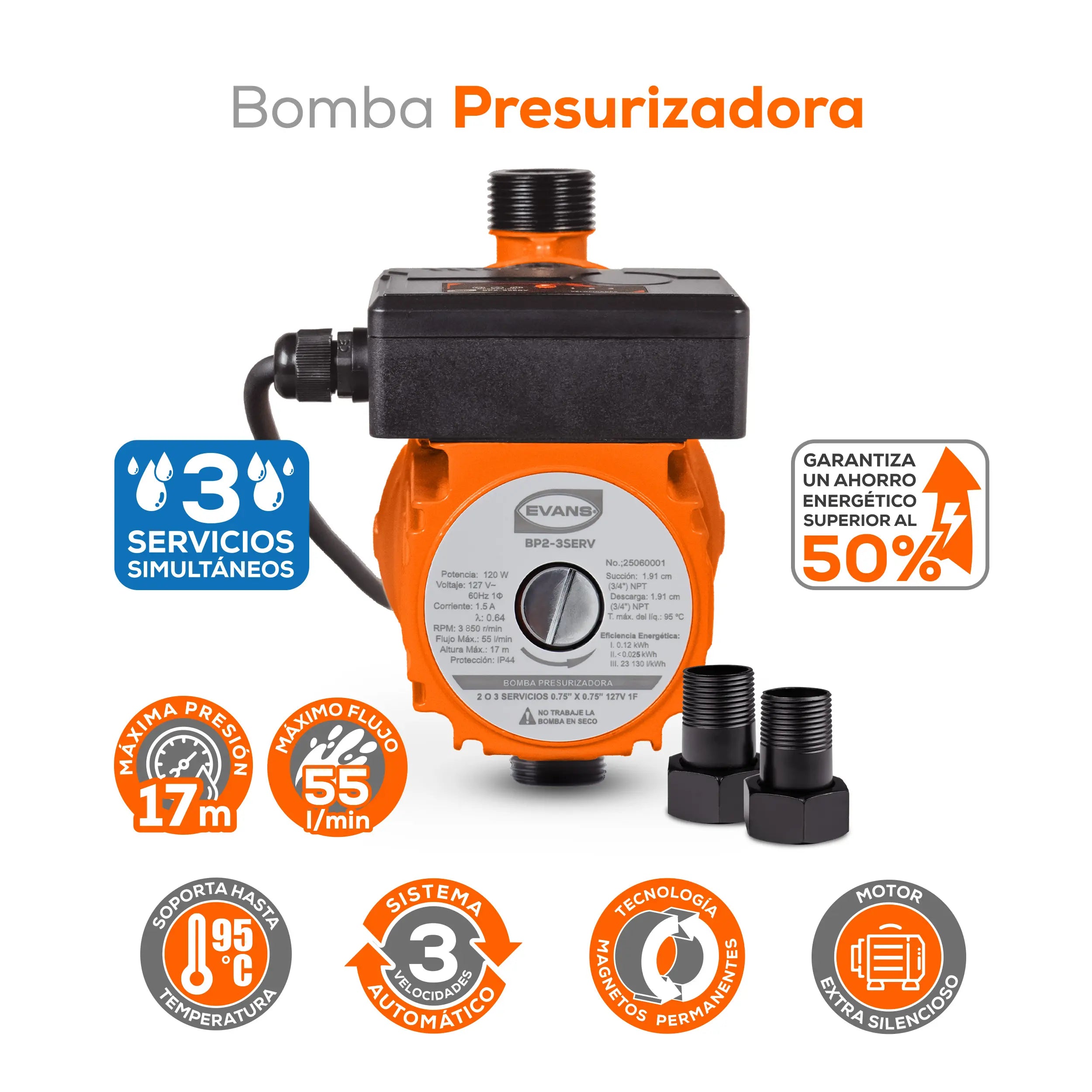 Bomba presurizadora 0.16 HP 55 LPM 127 V monofásico Marca EVANS. Modelo: BP2-3SERV