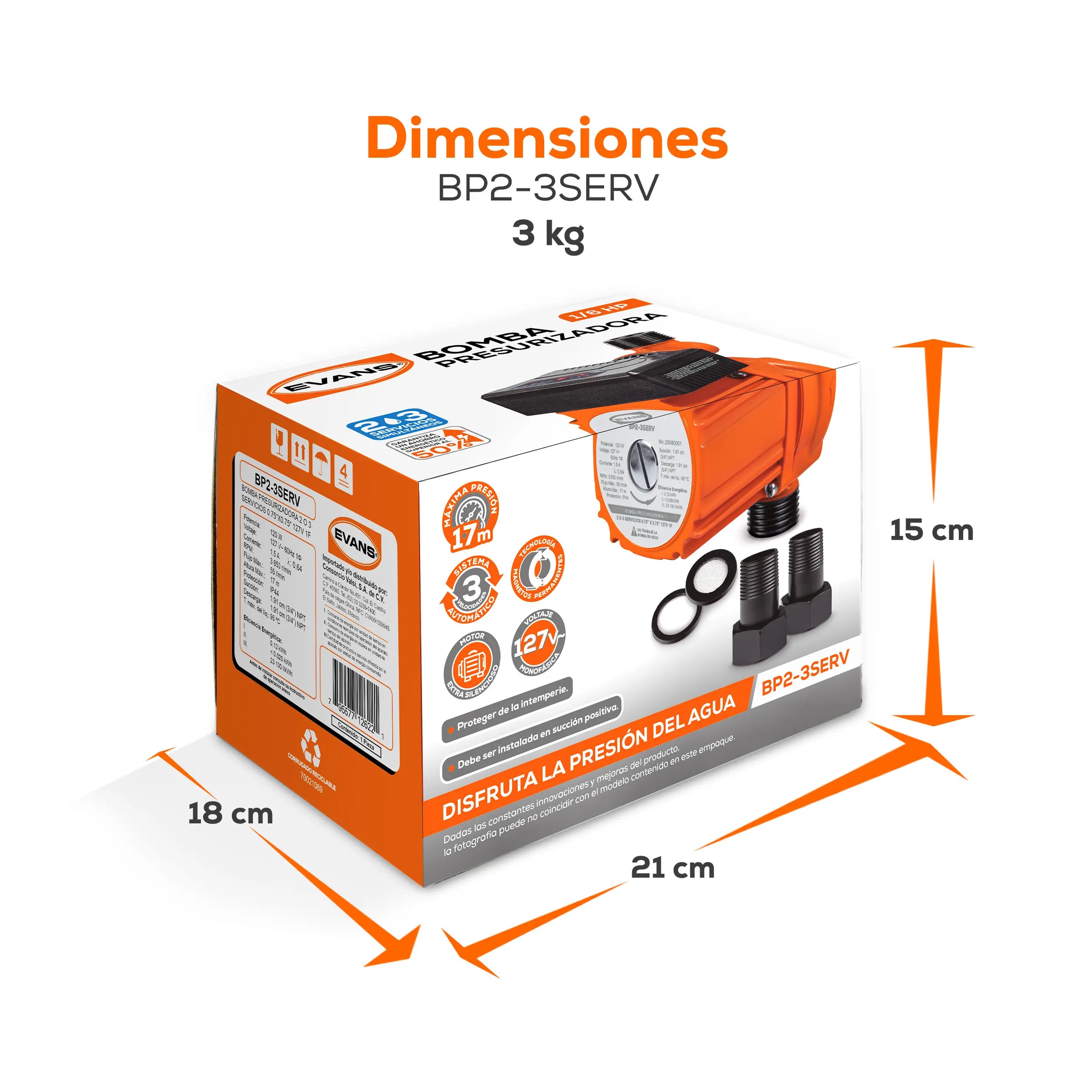 Bomba presurizadora 0.16 HP 55 LPM 127 V monofásico Marca EVANS. Modelo: BP2-3SERV