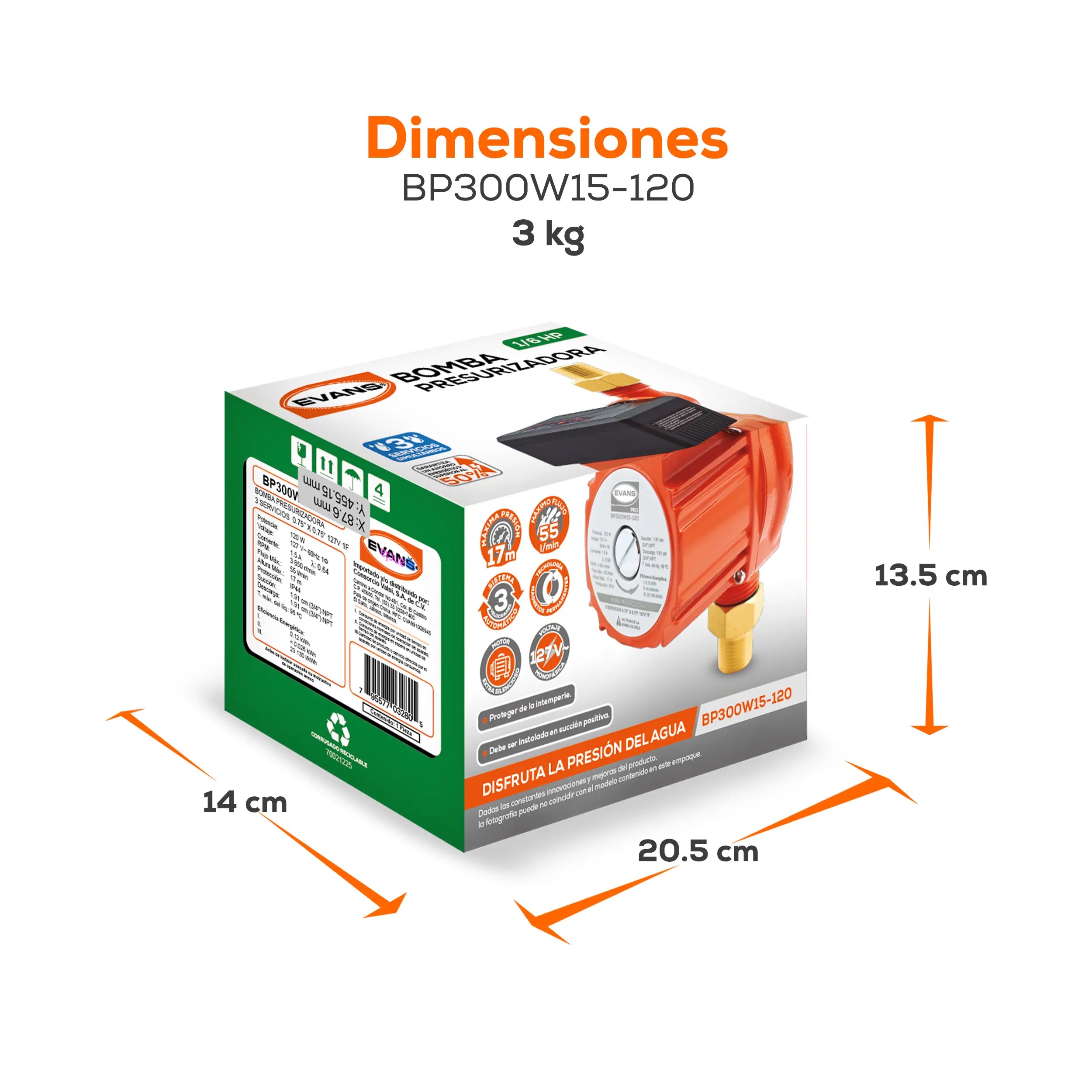 Bomba presurizadora 0.16 HP 55 LPM 127 V monofásico Marca EVANS. Modelo: BP300W15-120