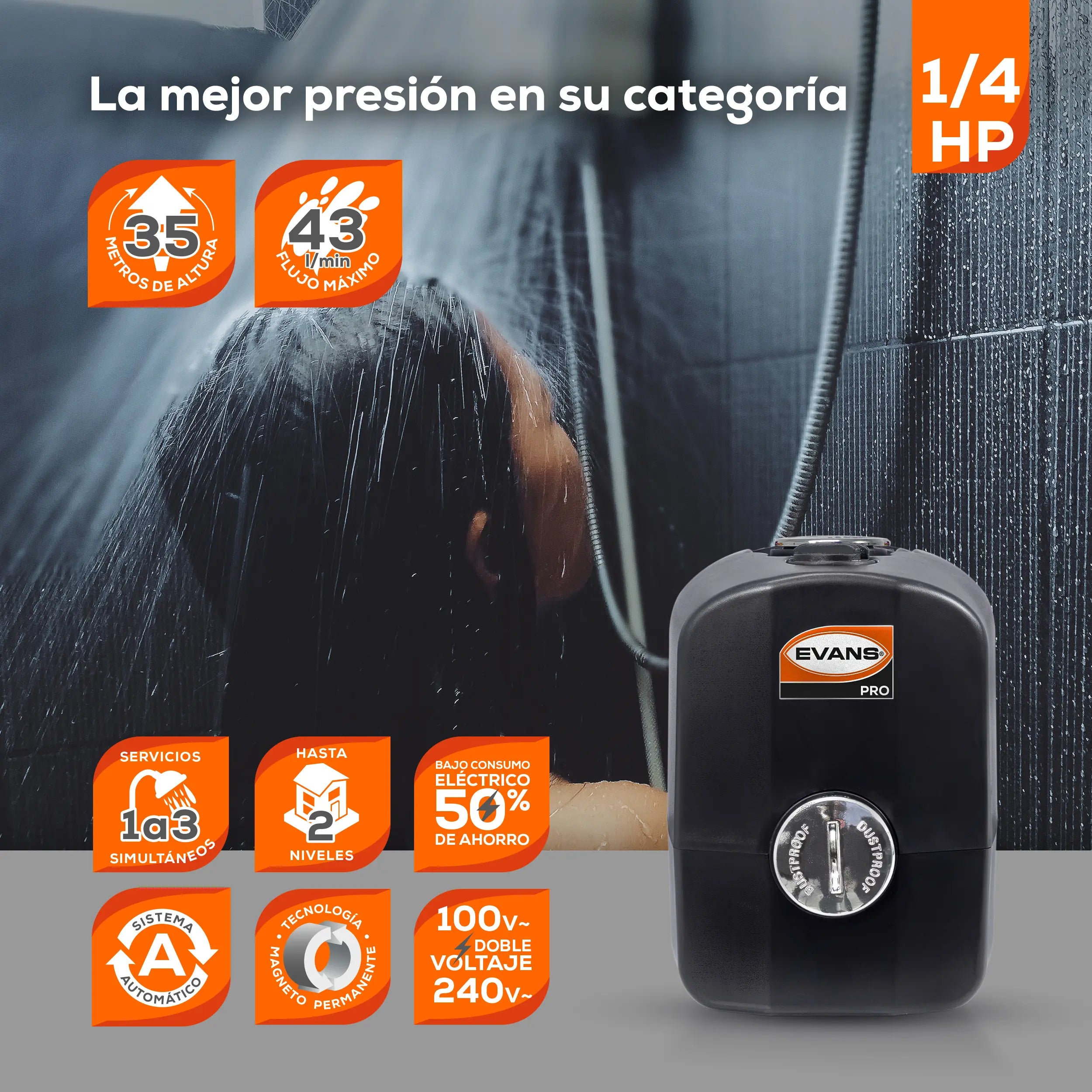 Bomba presurizadora 1/4 HP 43 LPM 100/220 V monofásico Marca EVANS. Modelo: MAGNET-PLUS-025