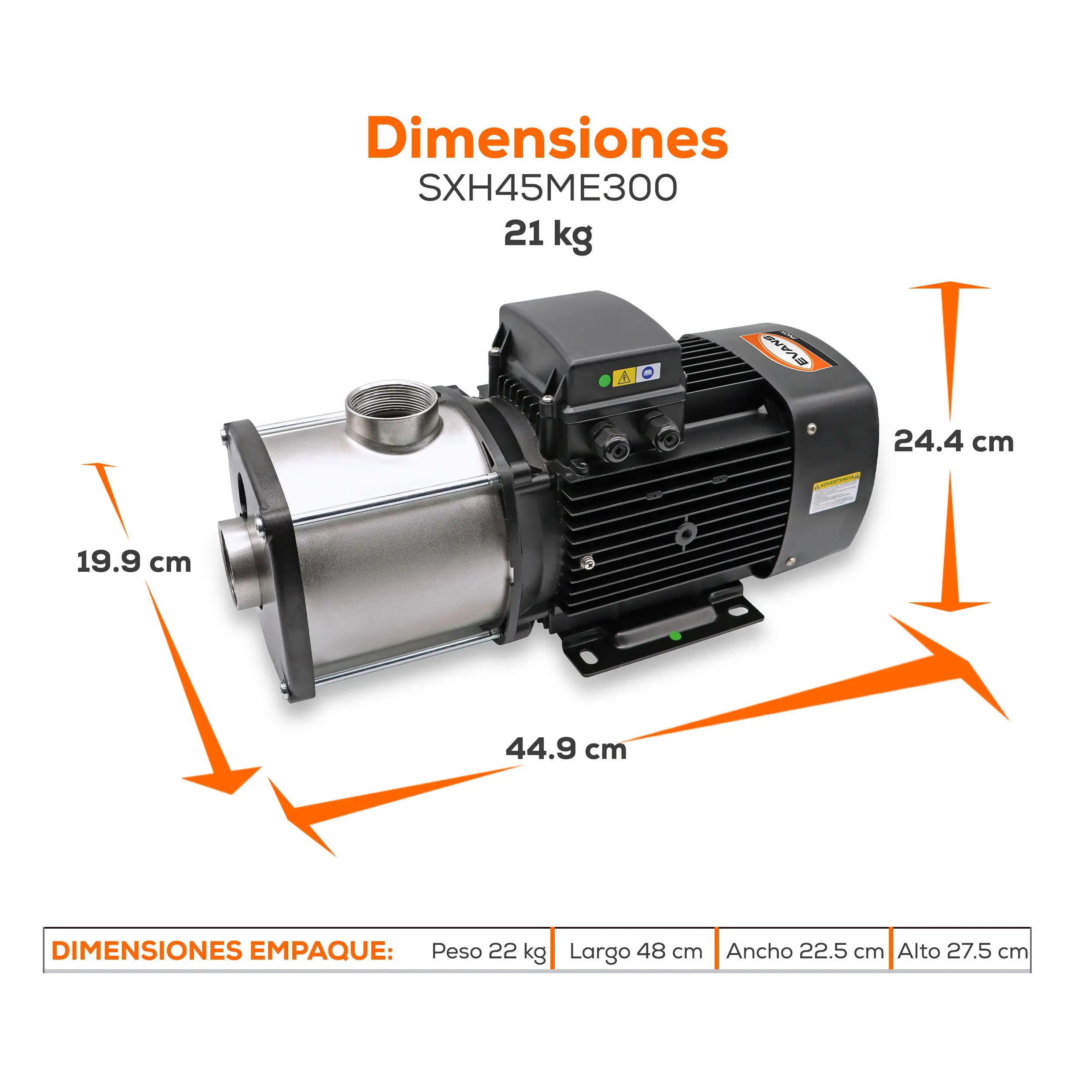 Bomba multietapas 3 HP 300 LPM 220 V monofásico Marca EVANS. Modelo: SXH45ME300