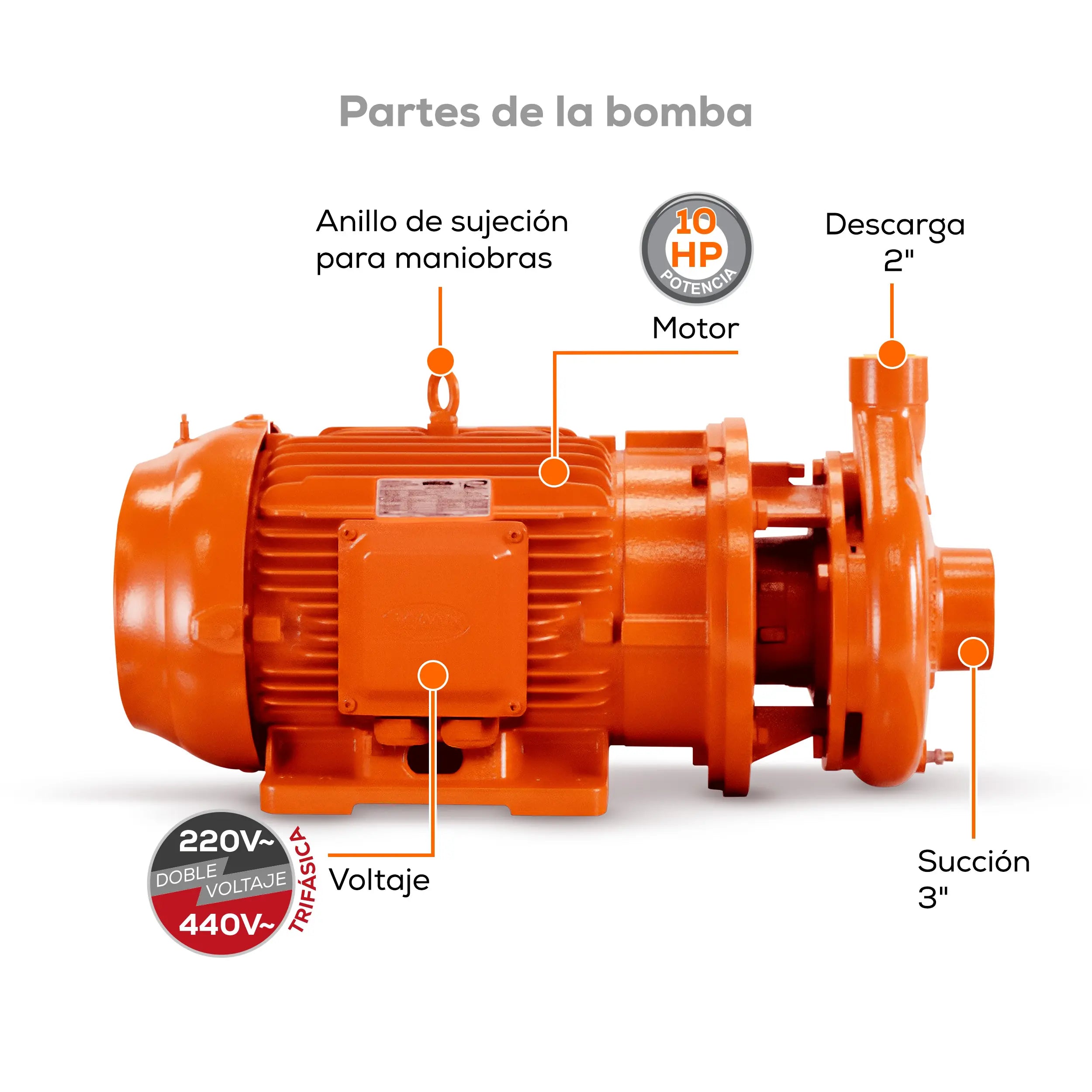 Bomba centrífuga 10 HP 780 LPM 220/440 V trifásico Marca EVANS. Modelo: 8IME1000