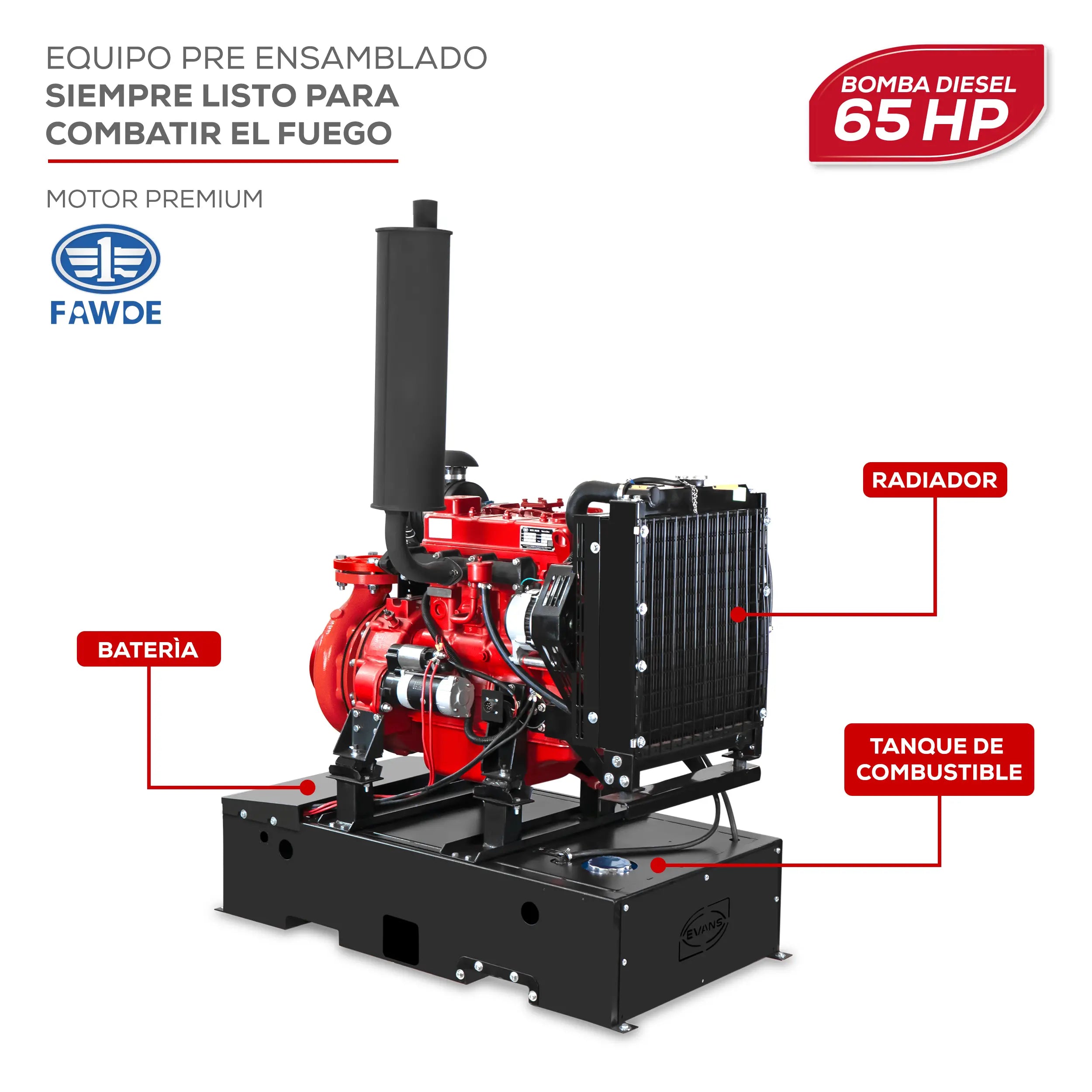 Bomba contra incendio 65 HP 5183 LPM 24 V Marca EVANS. Modelo: 9IAMD6500F-SCI