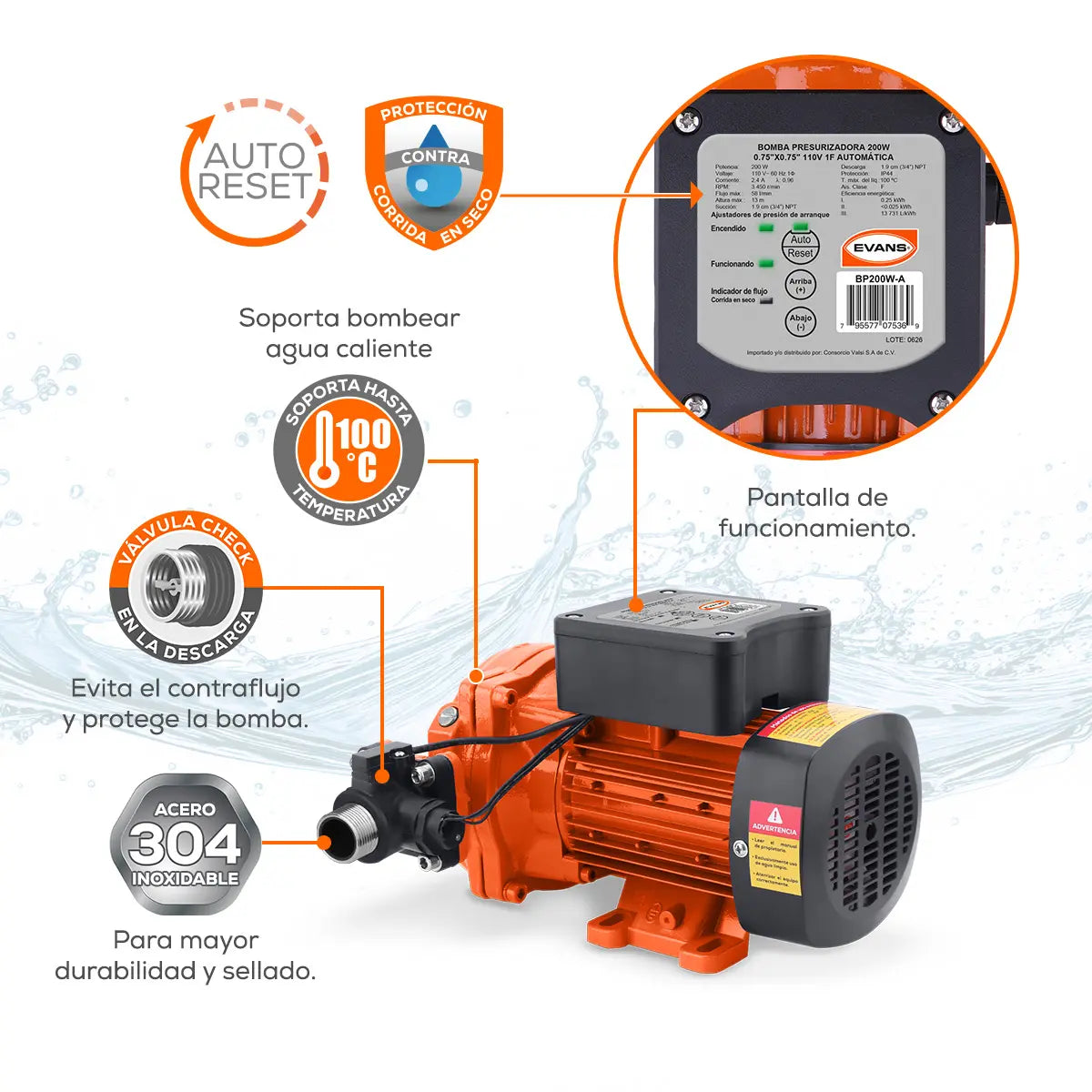 Bomba presurizadora 0.27 HP 53 LPM 115 V monofásico Marca EVANS. Modelo: BP200W-A