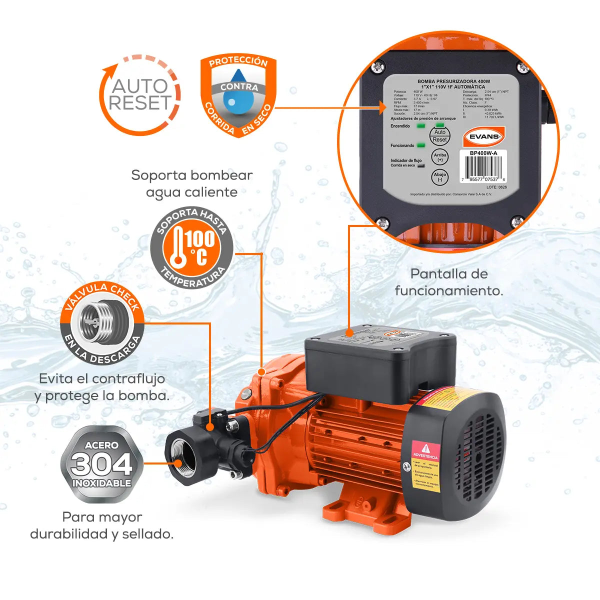 Bomba presurizadora 0.54 HP 77 LPM 115 V monofásico Marca EVANS. Modelo: BP400W-A