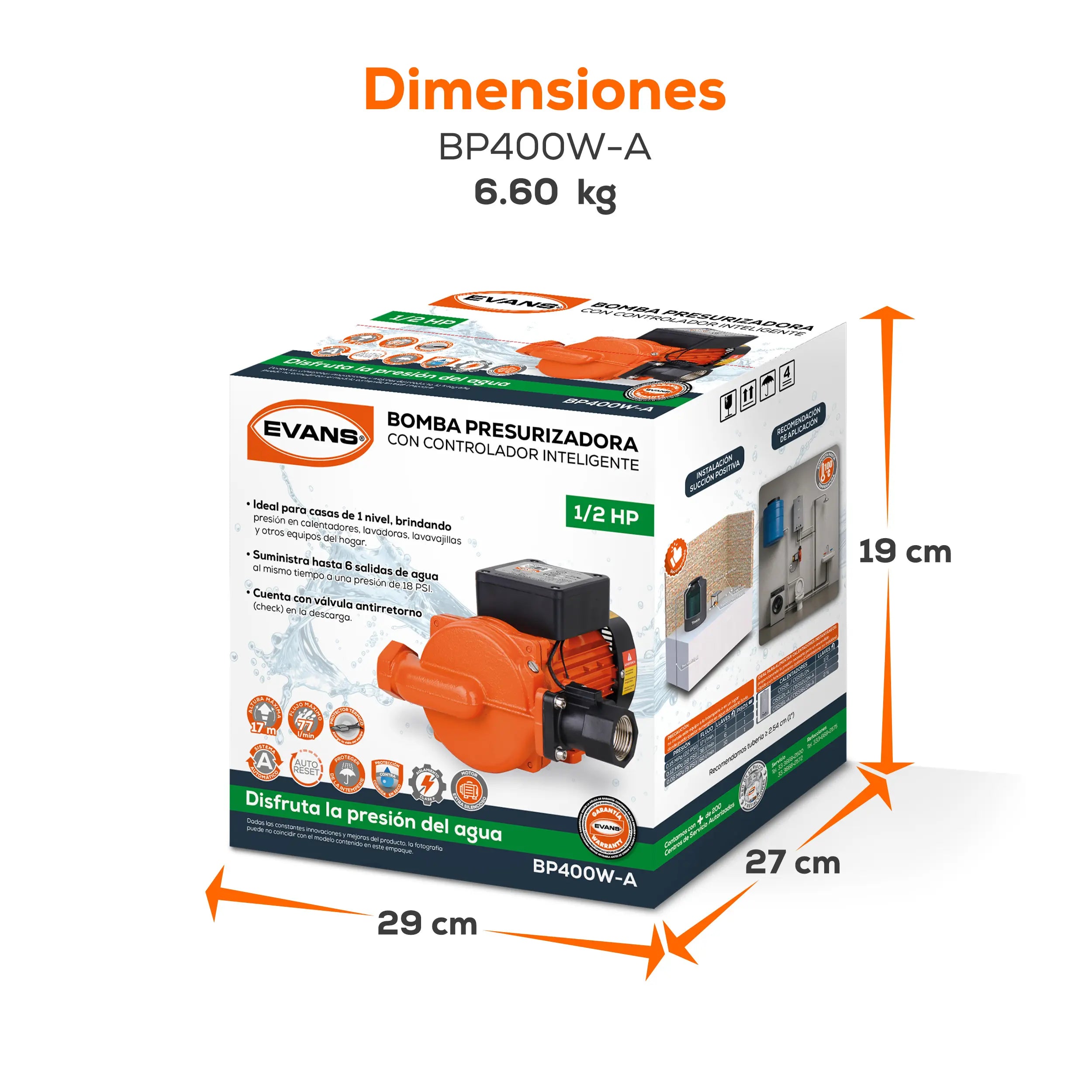 Bomba presurizadora 0.54 HP 77 LPM 115 V monofásico Marca EVANS. Modelo: BP400W-A