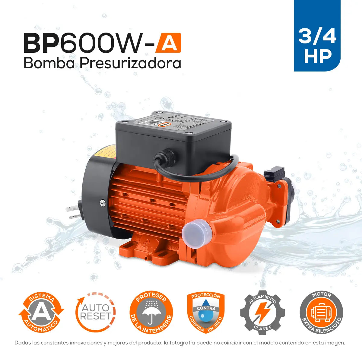 Bomba presurizadora 0.8 HP 93 LPM 115 V monofásico Marca EVANS. Modelo: BP600W-A