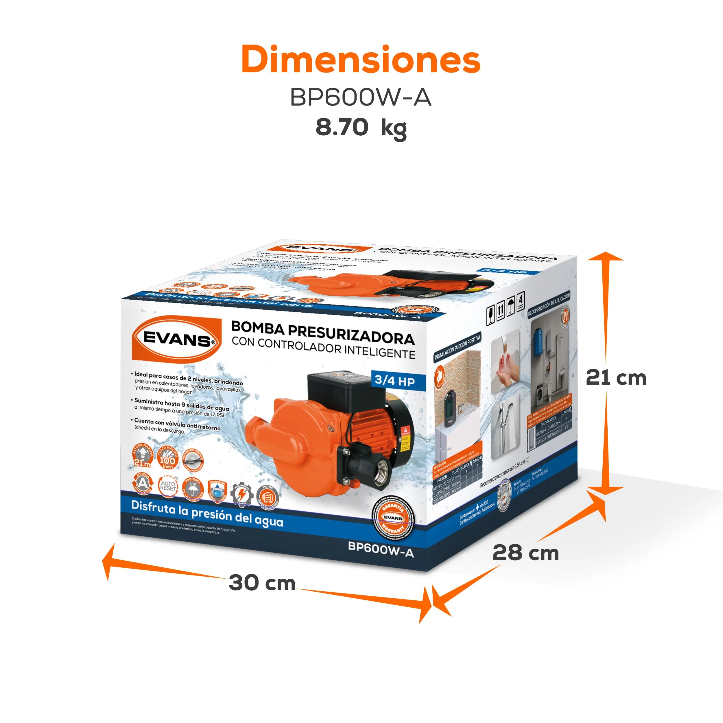 Bomba presurizadora 0.8 HP 93 LPM 115 V monofásico Marca EVANS. Modelo: BP600W-A