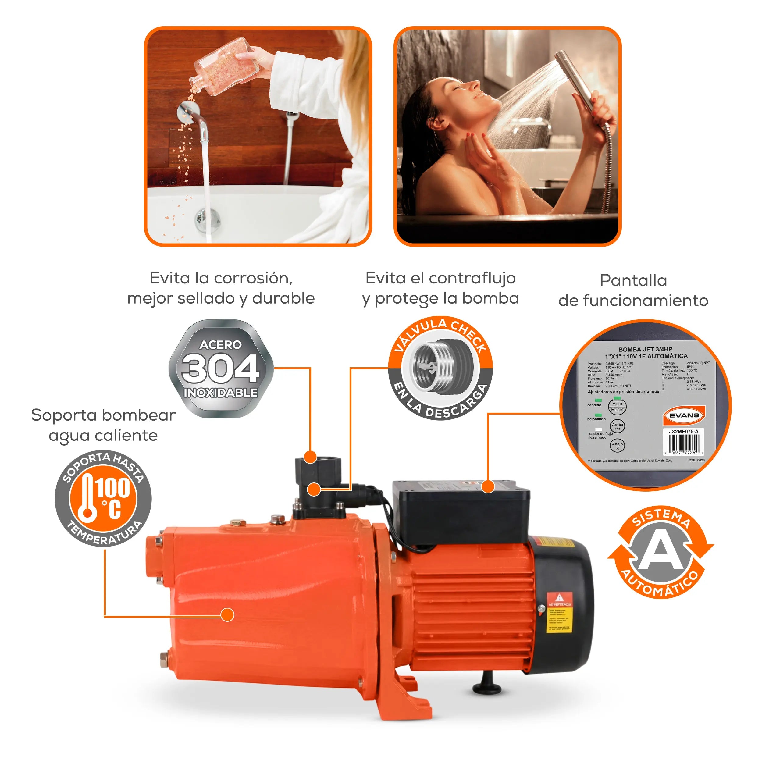Bomba presurizadora 3/4 HP 115 V monofásico Marca EVANS. Modelo: JX2ME075-A