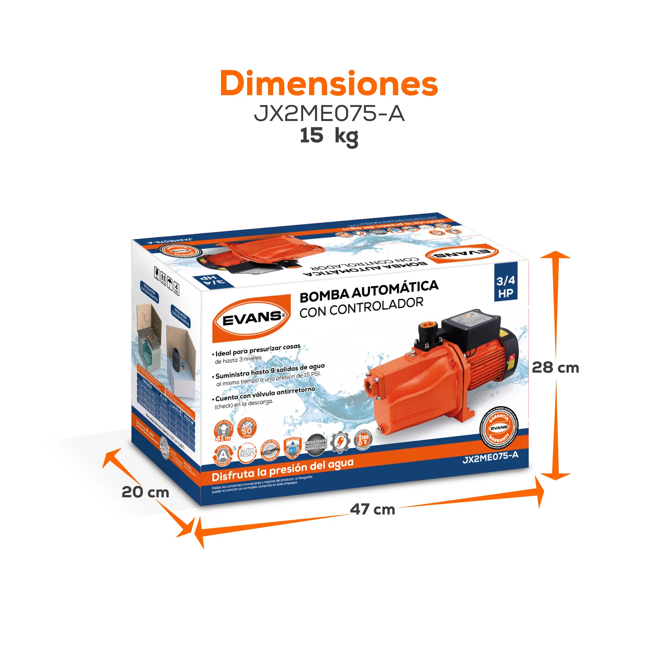 Bomba presurizadora 3/4 HP 115 V monofásico Marca EVANS. Modelo: JX2ME075-A