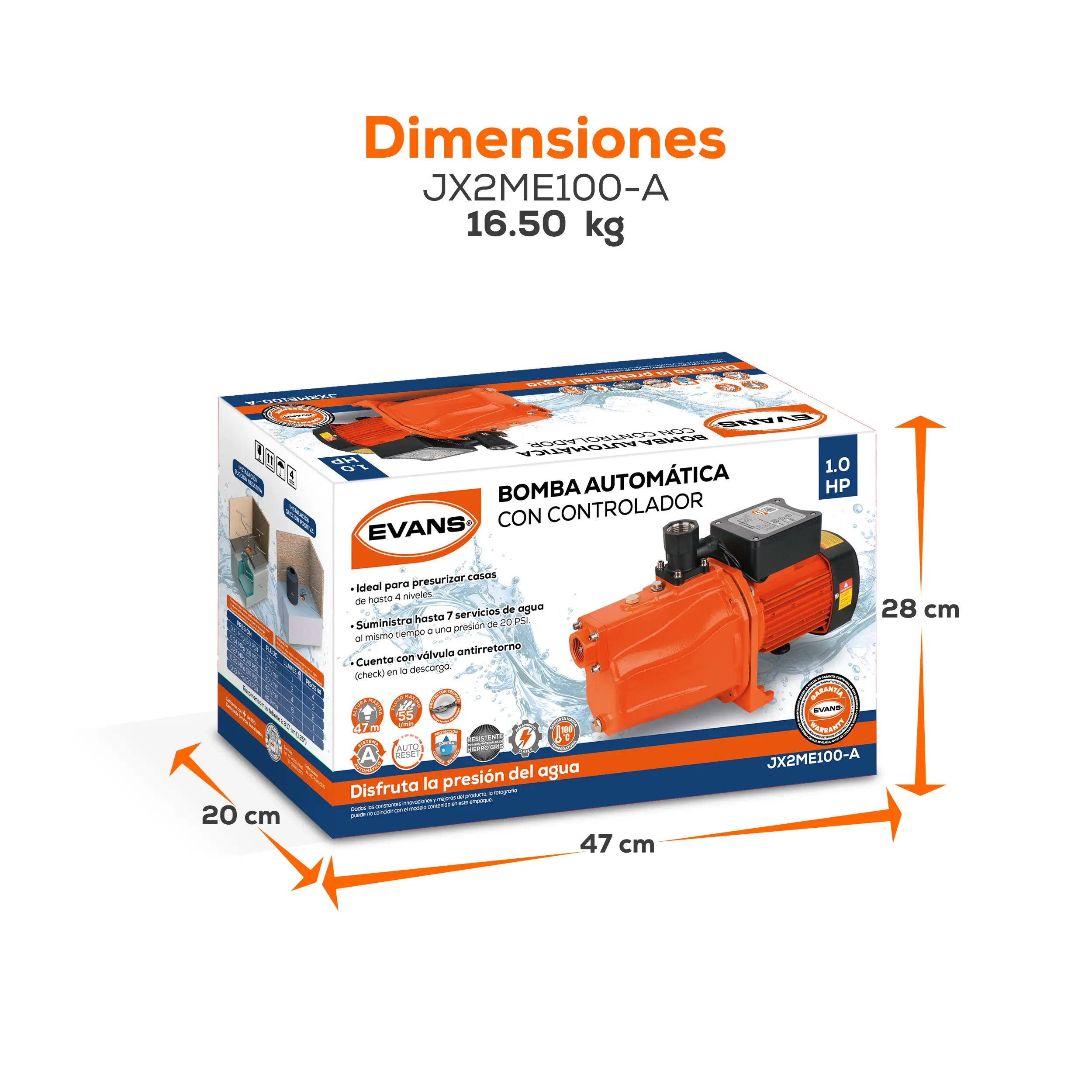 Bomba presurizadora 1 HP 115 V monofásico Marca EVANS. Modelo: JX2ME100-A