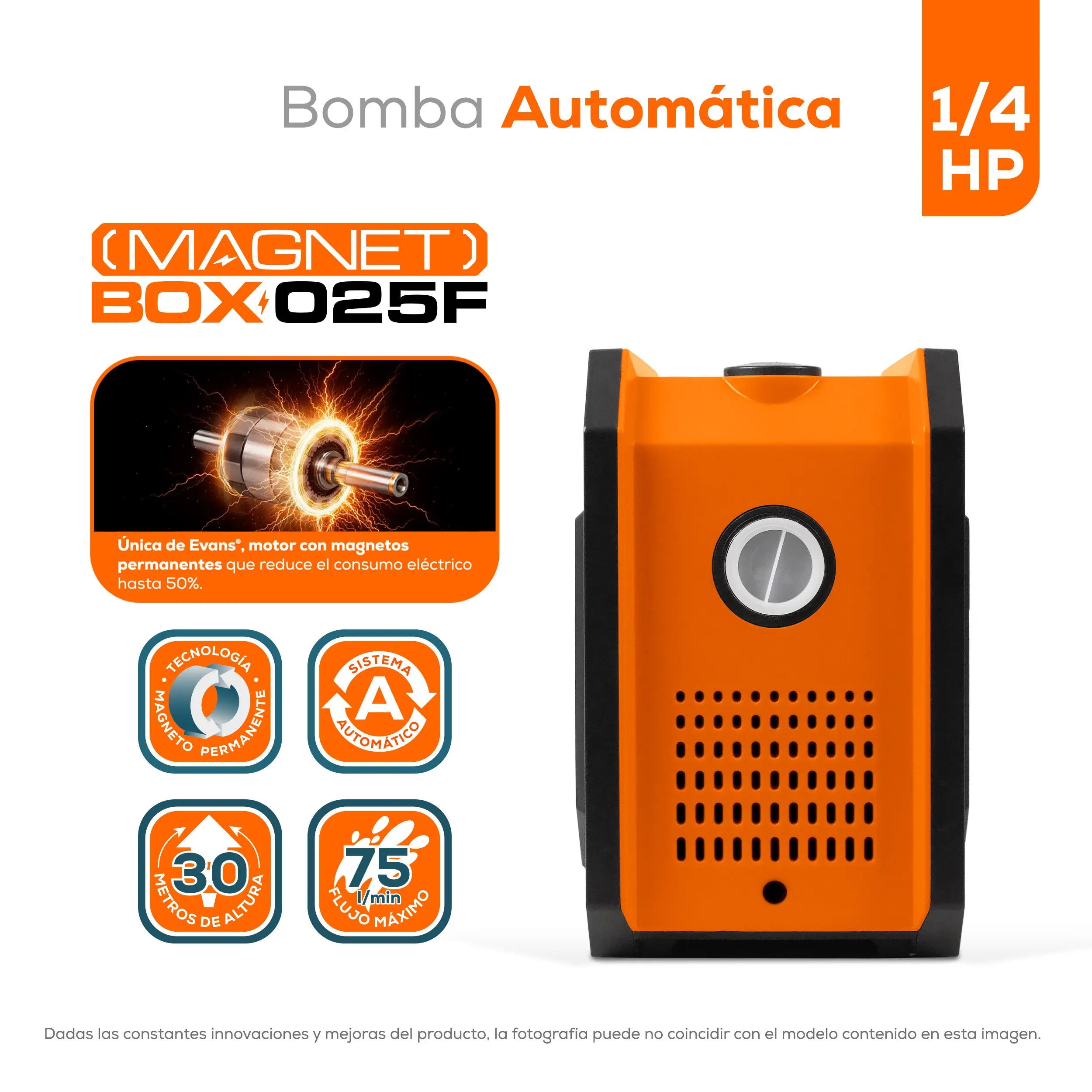 Bomba presurizadora 1/4 HP 75 LPM 115 V monofásico Marca EVANS. Modelo: MAGNET-BOX-025F