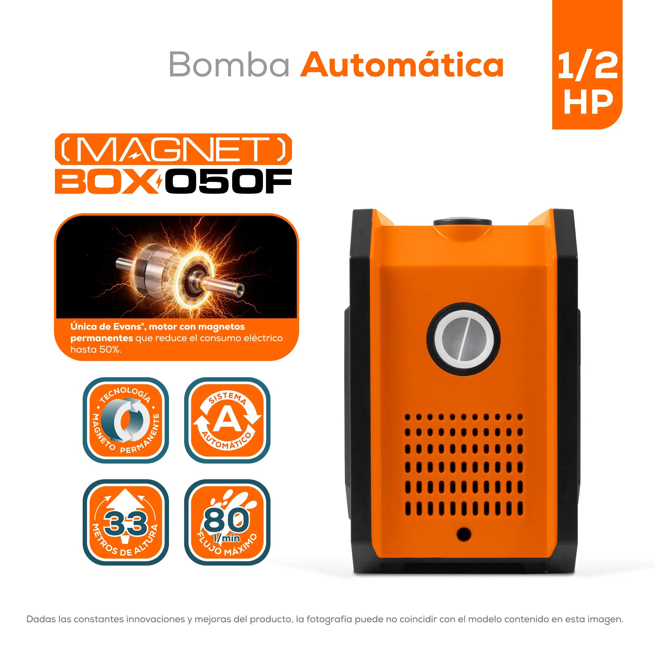 Bomba presurizadora 1/2 HP 80 LPM 115 V monofásico Marca EVANS. Modelo: MAGNET-BOX-050F