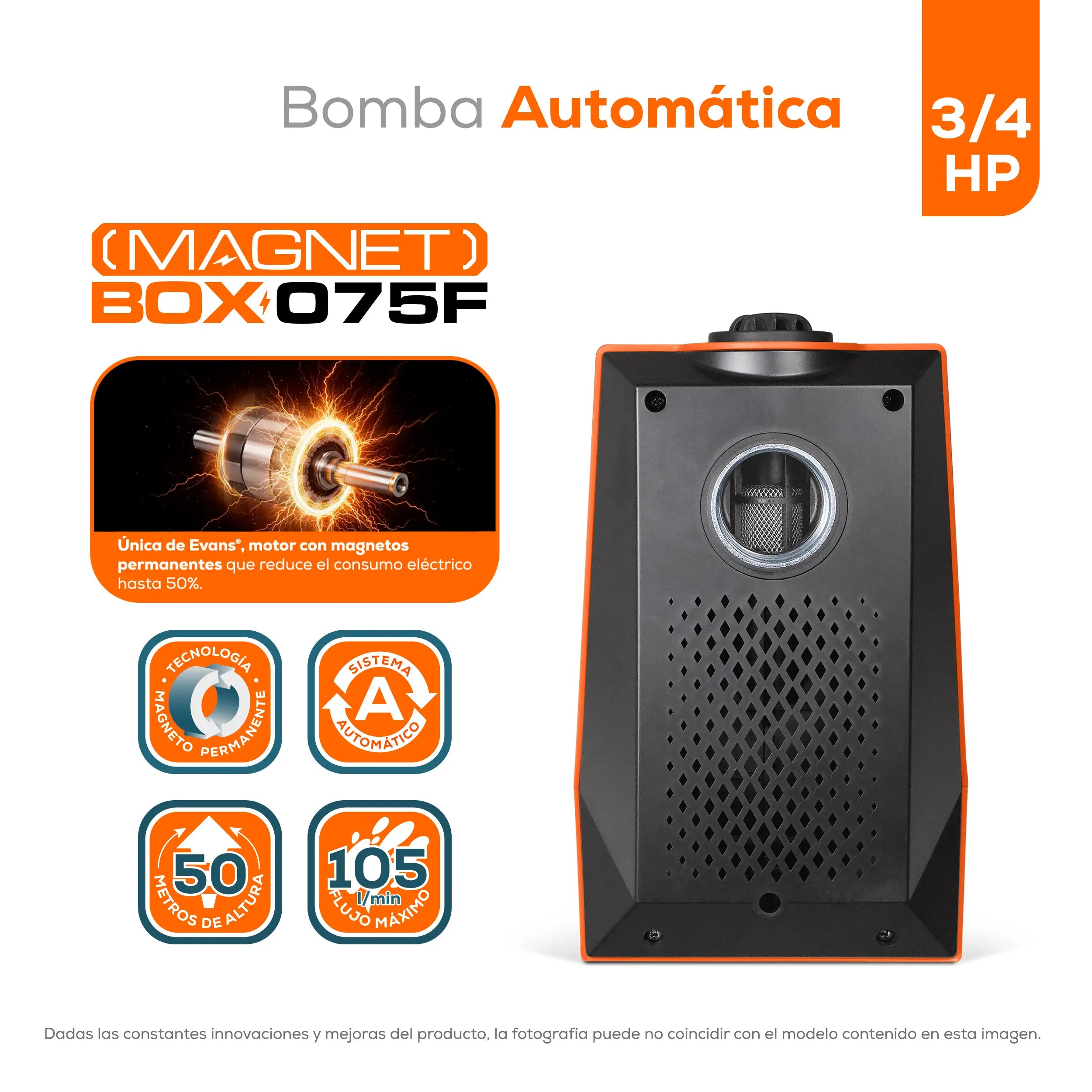 Bomba presurizadora 3/4 HP 105 LPM 115 V monofásico Marca EVANS. Modelo: MAGNET-BOX-075F