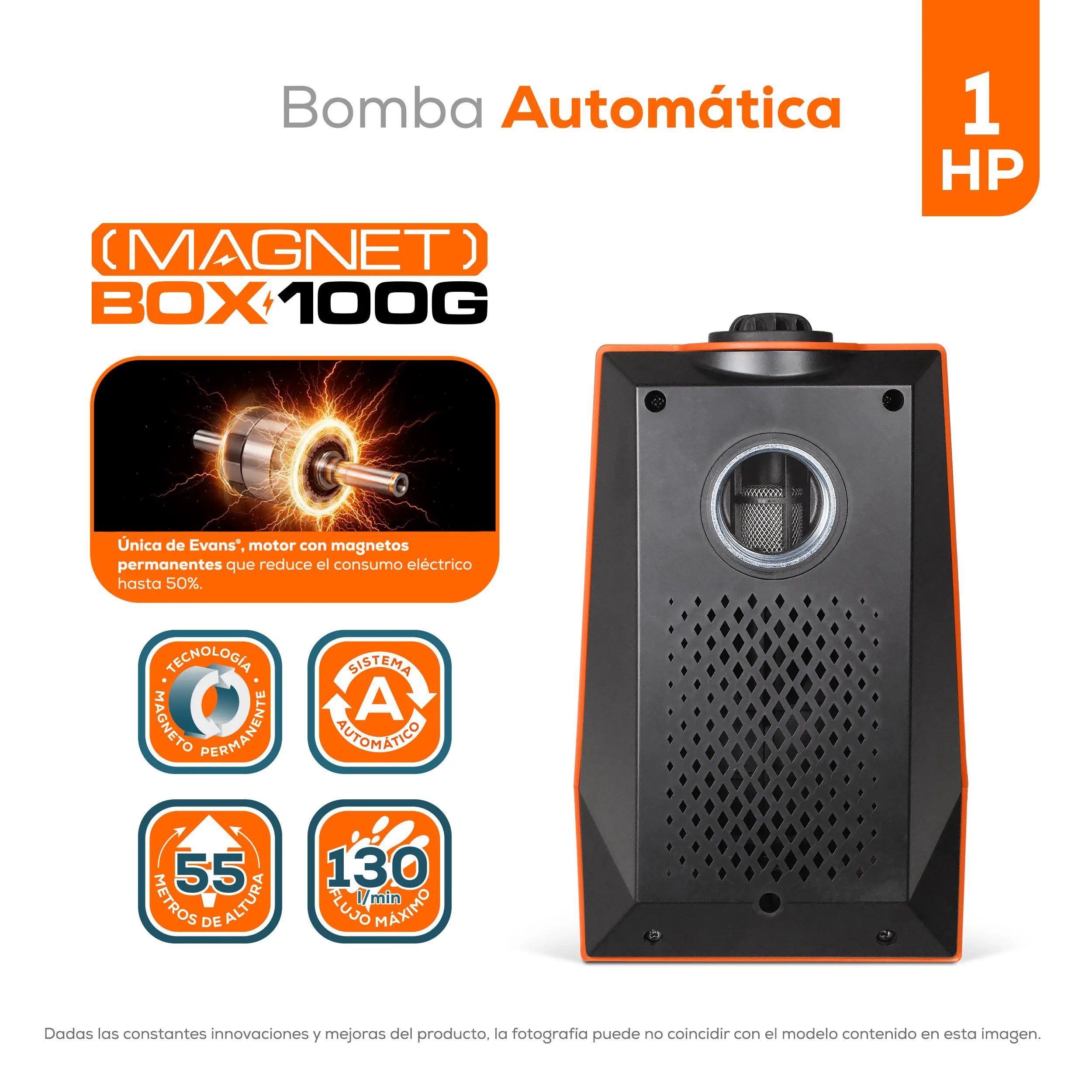 Bomba presurizadora 1 HP 130 LPM 220 V monofásico Marca EVANS. Modelo: MAGNET-BOX-100G