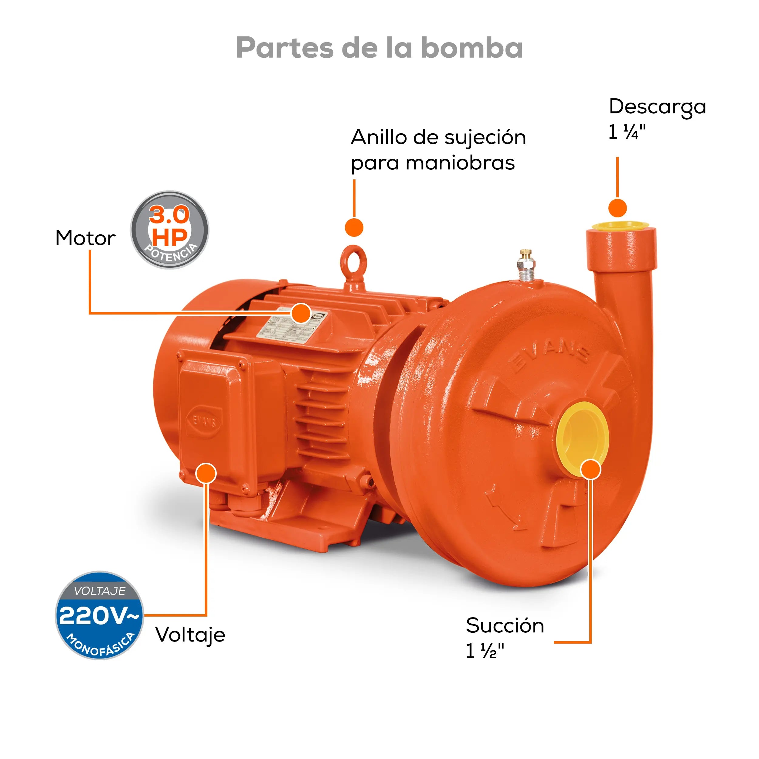 Bomba centrífuga 3 HP 411 LPM 220 V monofásico Marca EVANS. Modelo: MT1AME300