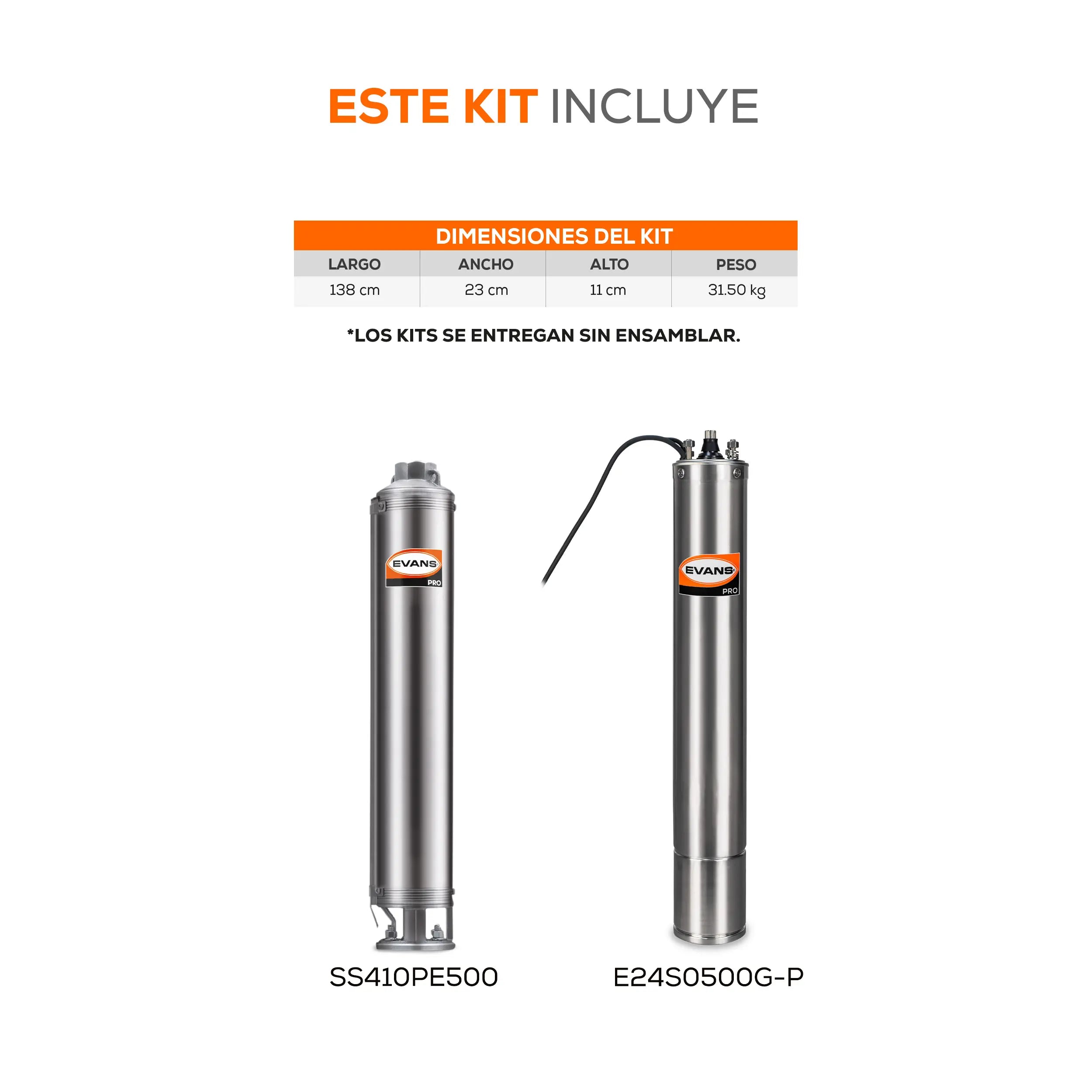 Equipo de riego sumergible 10GPM 5 HP 80 LPM 220 V trifásico Marca EVANS. Modelo: K-SS410ME0500G