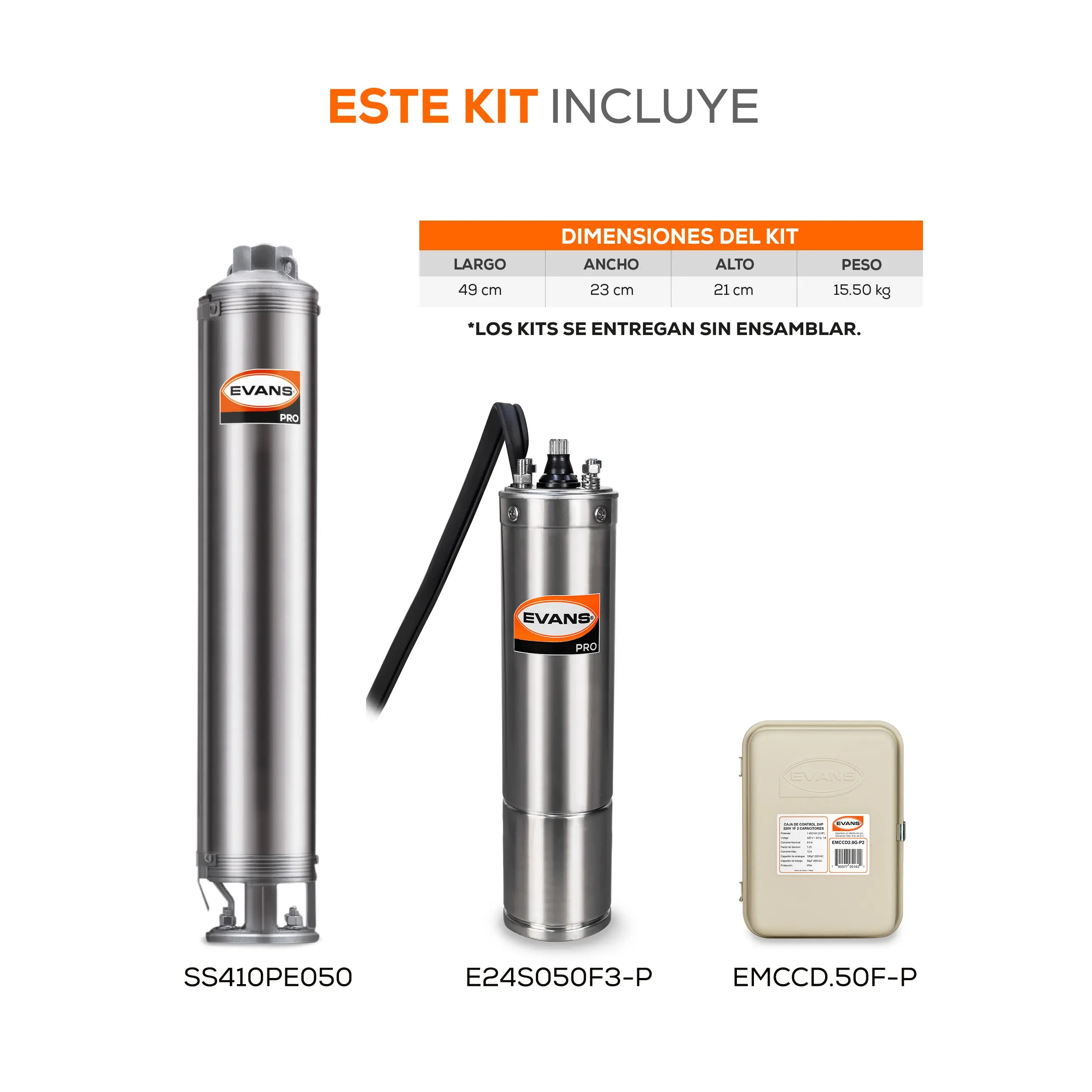 Equipo de riego sumergible 10GPM 1/2 HP 80 LPM 115 V monofásico Marca EVANS. Modelo: K-SS410ME050F3