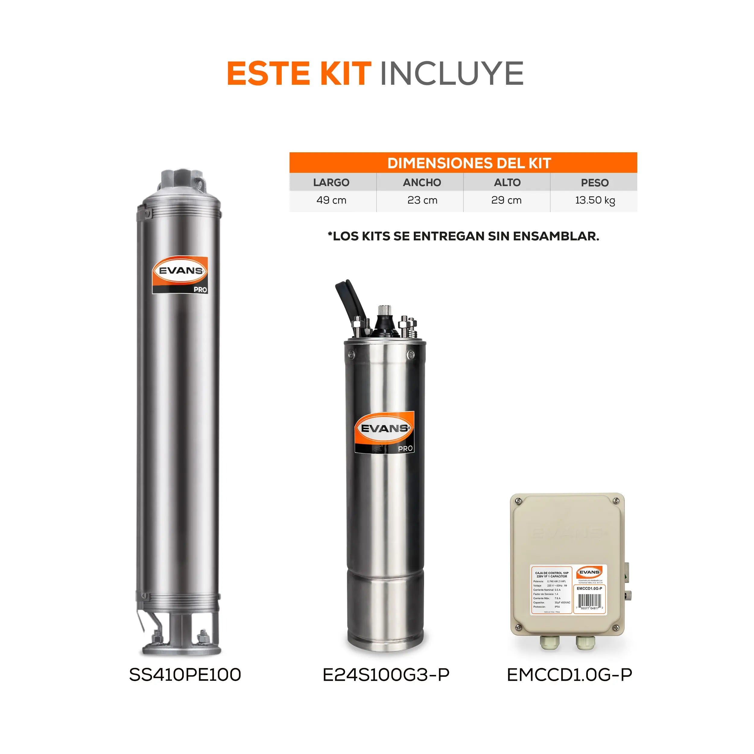 Equipo de riego sumergible 10GPM 1 HP 80 LPM 220 V monofásico Marca EVANS. Modelo: K-SS410ME100G3