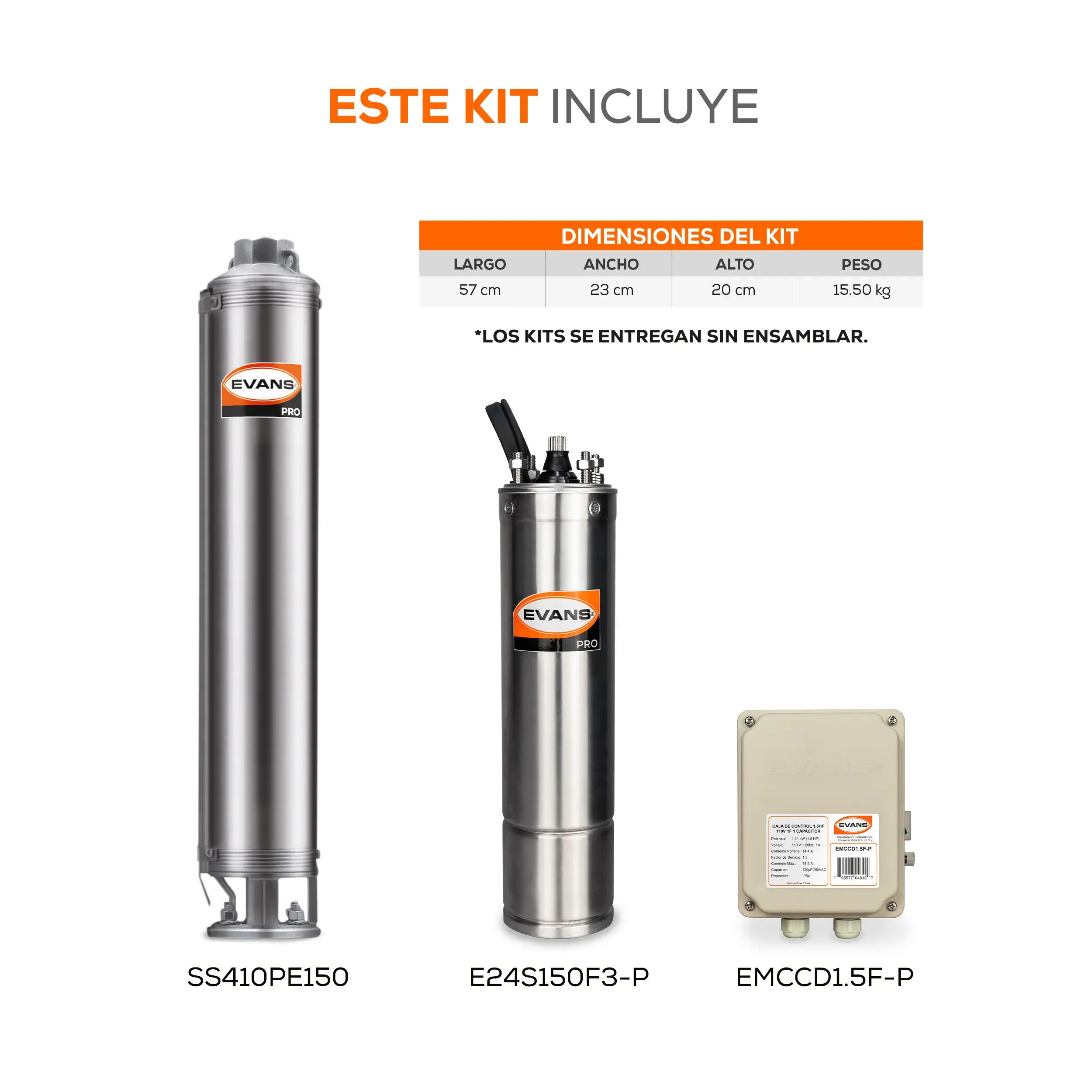 Equipo de riego sumergible 10GPM 1.5 HP 80 LPM 115 V monofásico Marca EVANS. Modelo: K-SS410ME150F3