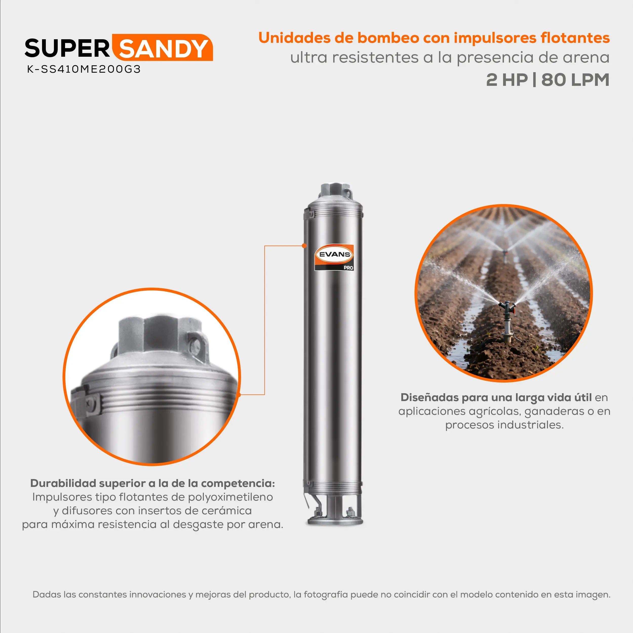Equipo de riego sumergible 10GPM 2 HP 80 LPM 220 V monofásico Marca EVANS. Modelo: K-SS410ME200G3