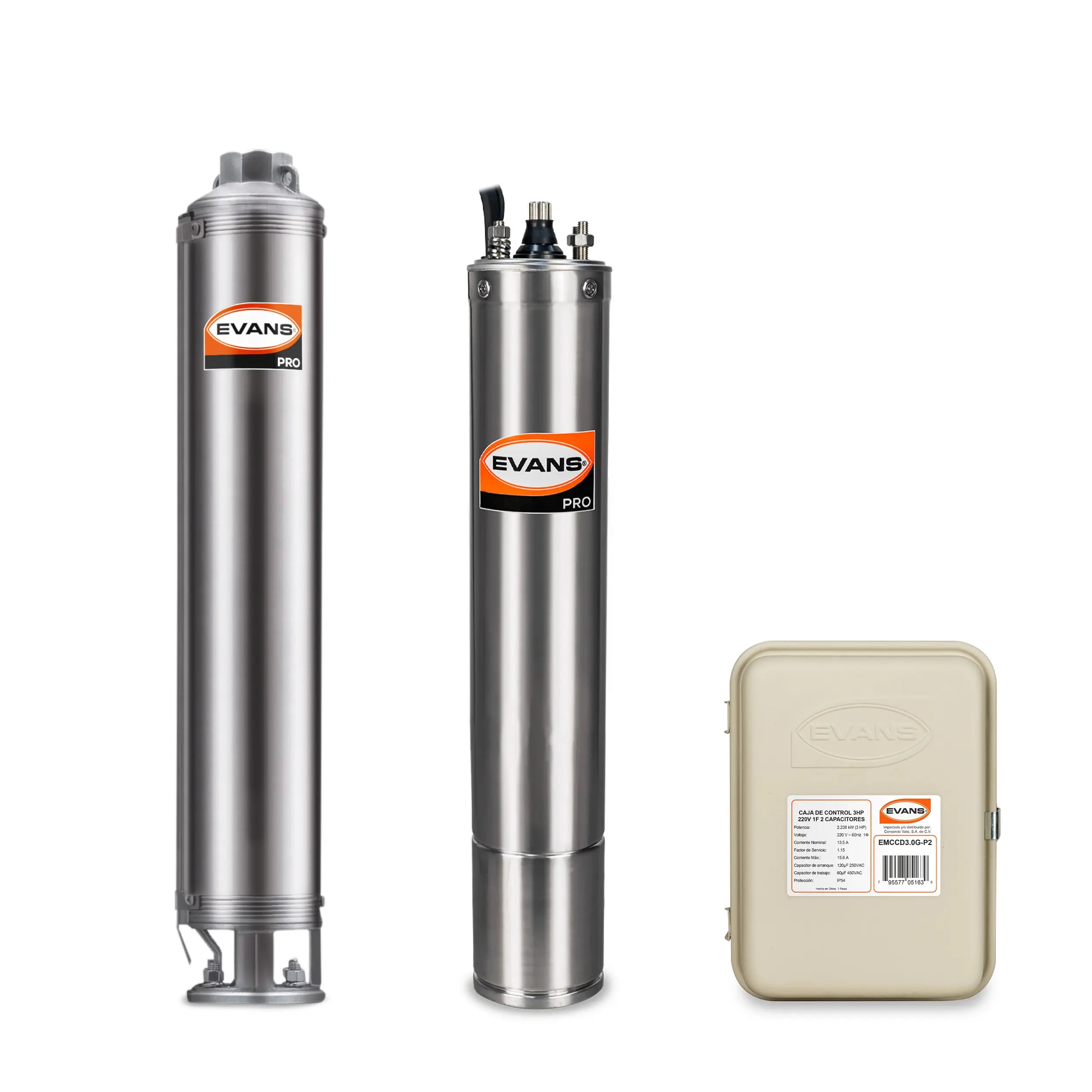 Equipo de riego sumergible 10GPM 3 HP 80 LPM 220 V monofásico Marca EVANS. Modelo: K-SS410ME300G3