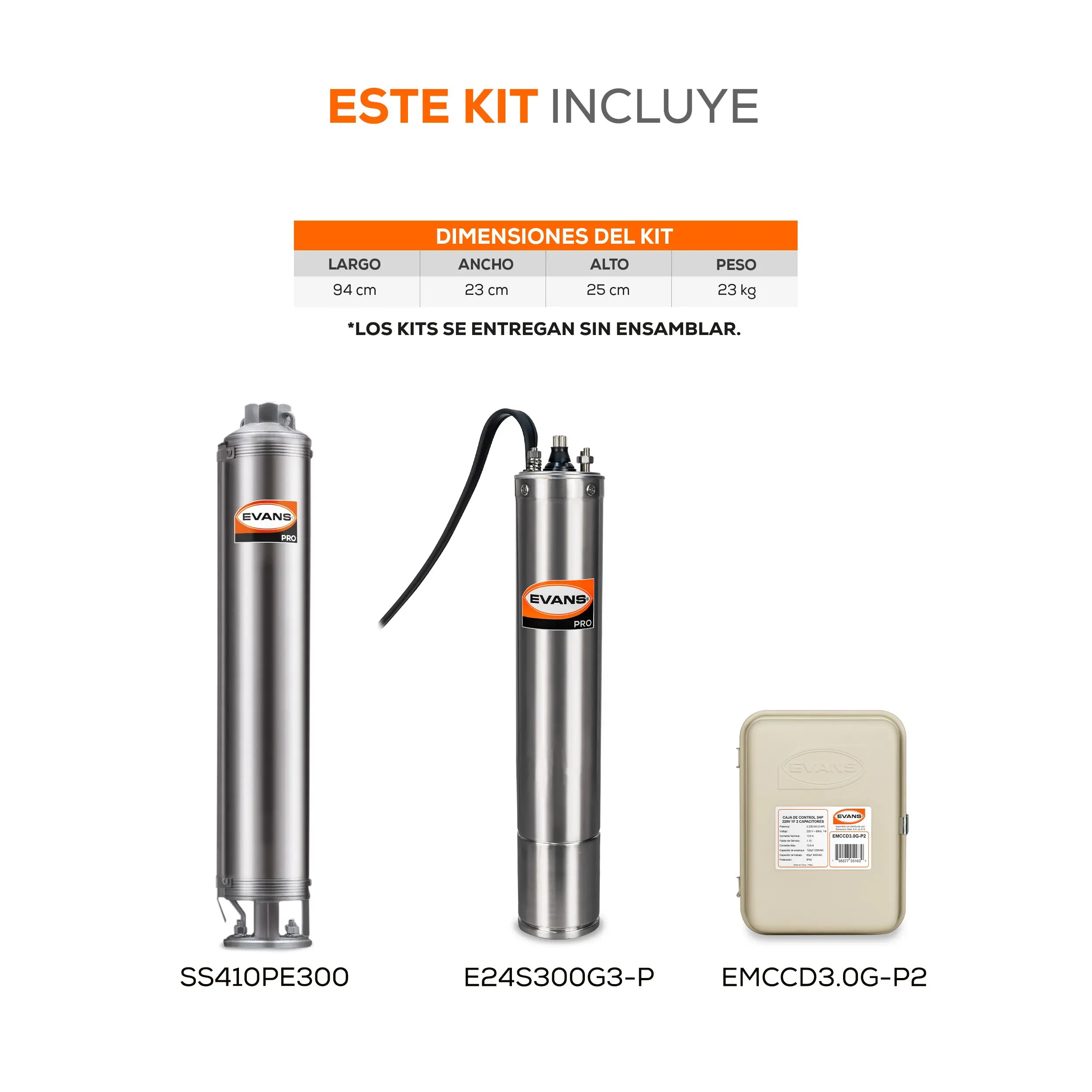 Equipo de riego sumergible 10GPM 3 HP 80 LPM 220 V monofásico Marca EVANS. Modelo: K-SS410ME300G3