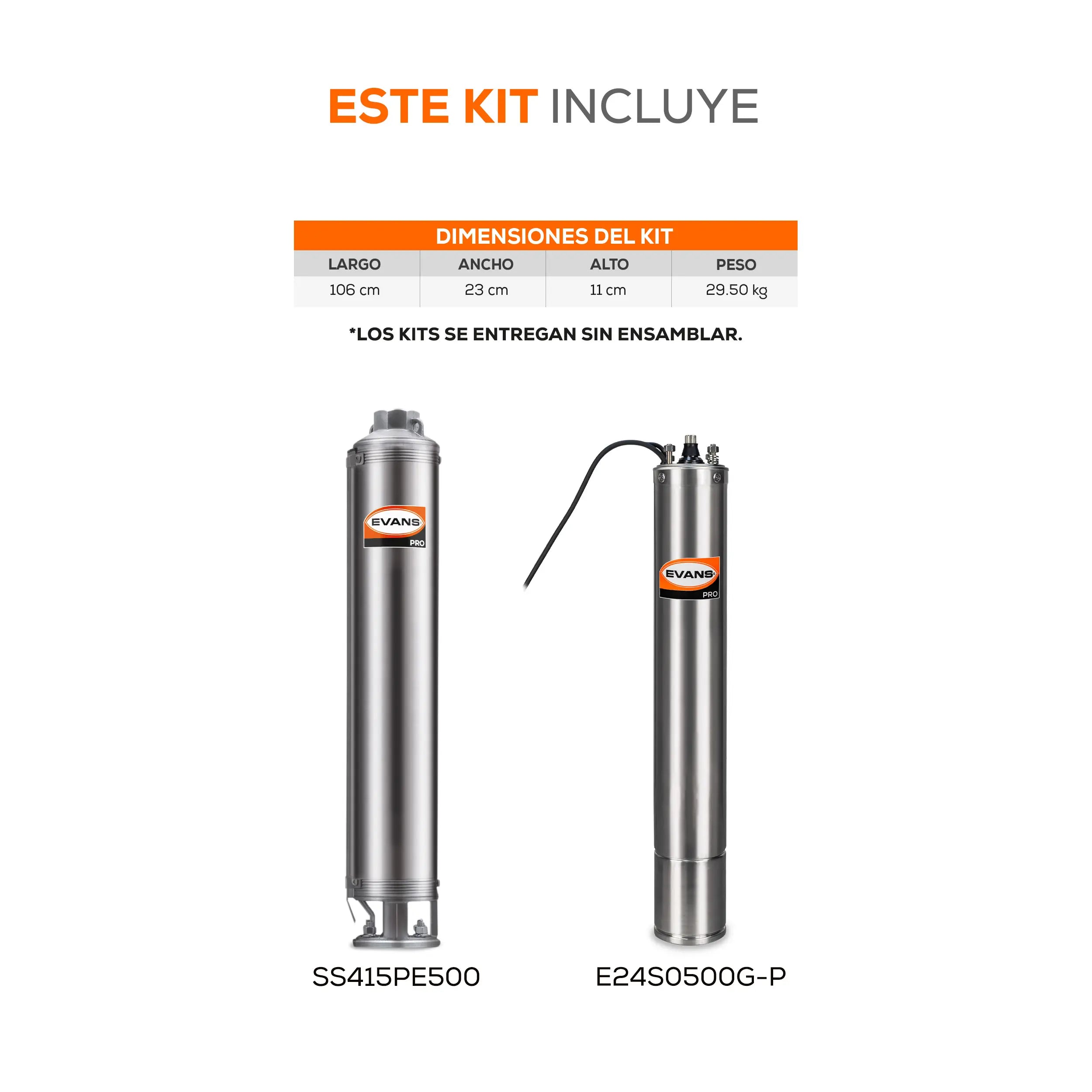 Equipo de riego sumergible 15GPM 5 HP 110 LPM 220 V trifásico Marca EVANS. Modelo: K-SS415ME0500G