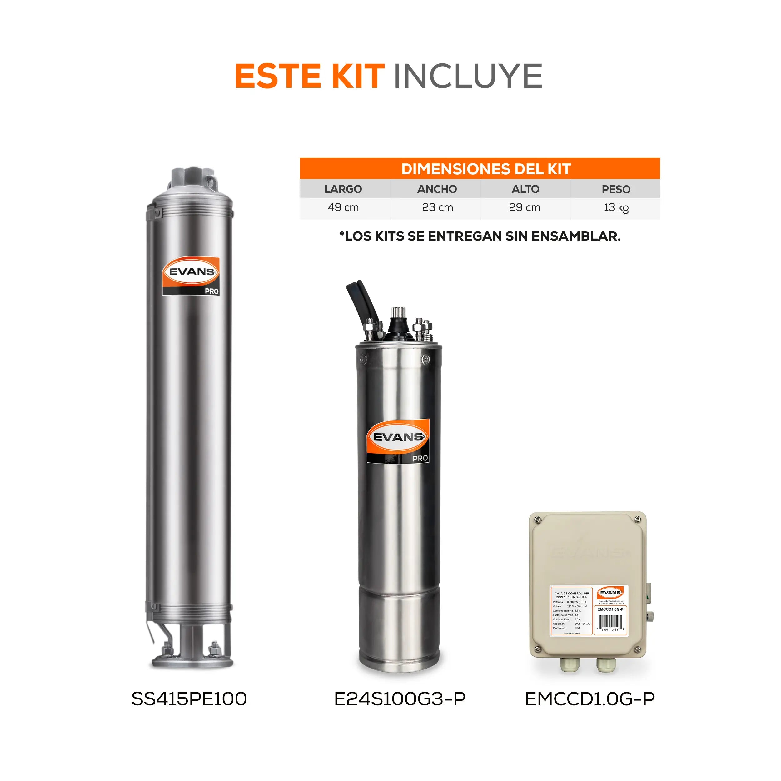 Equipo de riego sumergible 15GPM 1 HP 110 LPM 220 V monofásico Marca EVANS. Modelo: K-SS415ME100G3