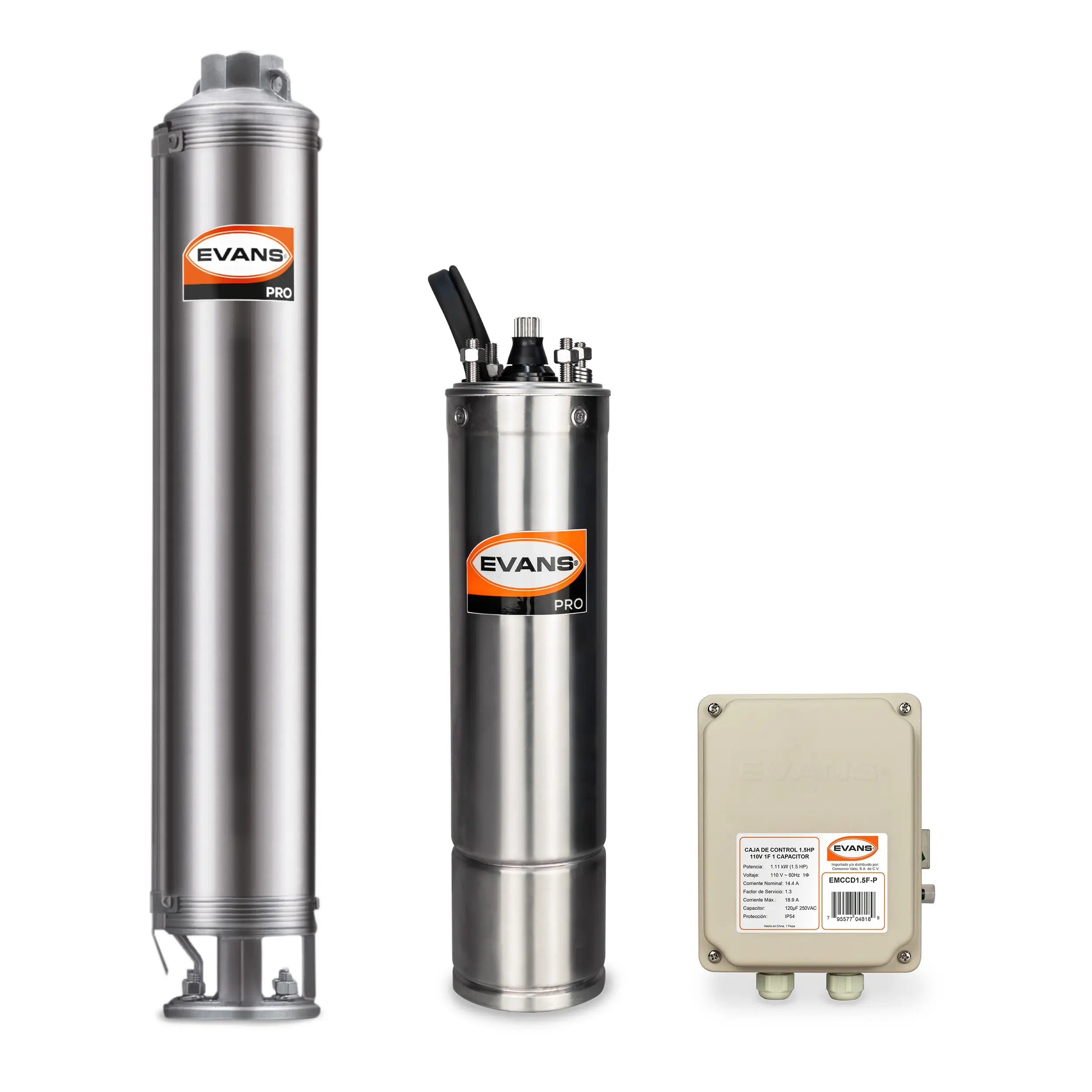 Equipo de riego sumergible 15GPM 1.5 HP 110 LPM 115 V monofásico Marca EVANS. Modelo: K-SS415ME150F3