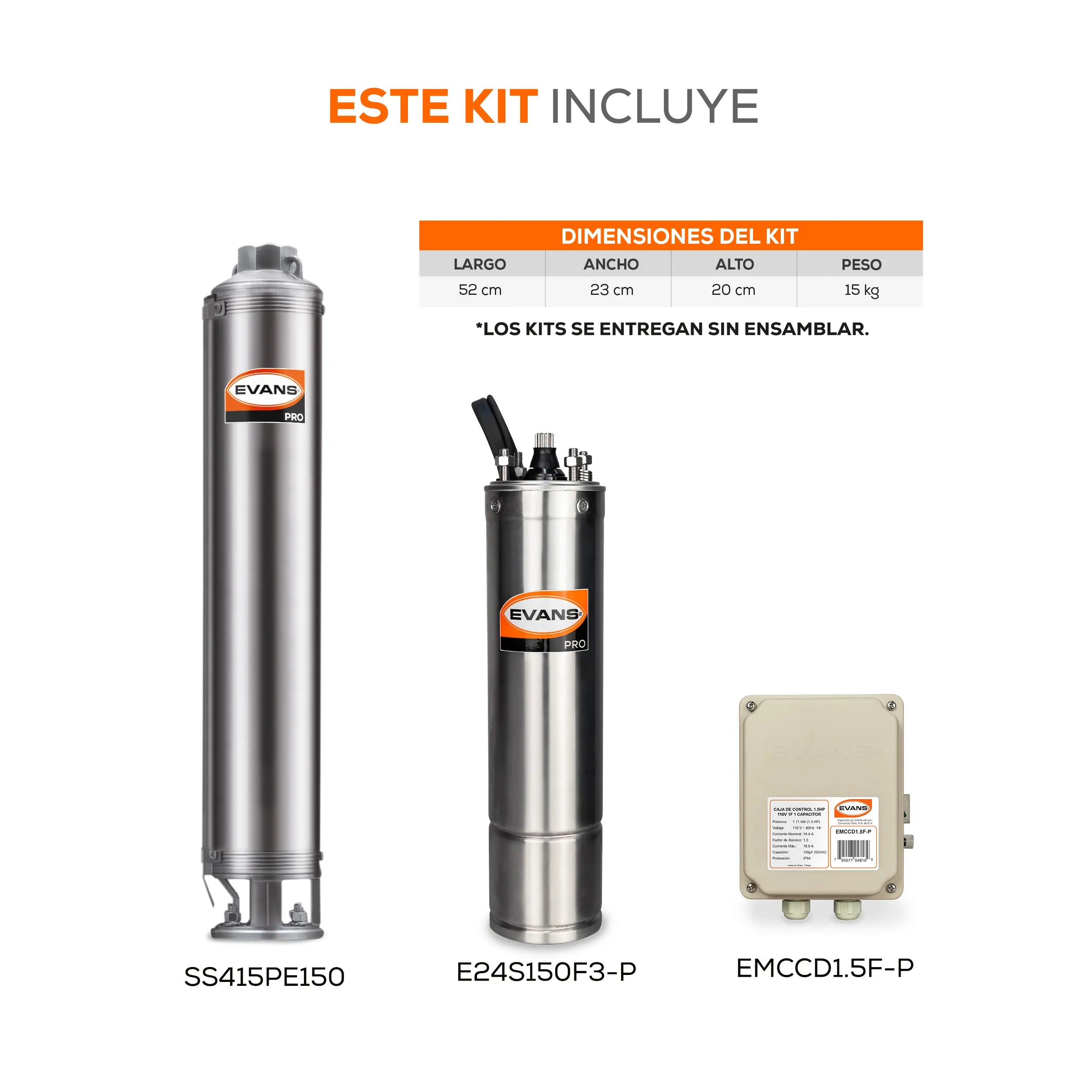 Equipo de riego sumergible 15GPM 1.5 HP 110 LPM 115 V monofásico Marca EVANS. Modelo: K-SS415ME150F3