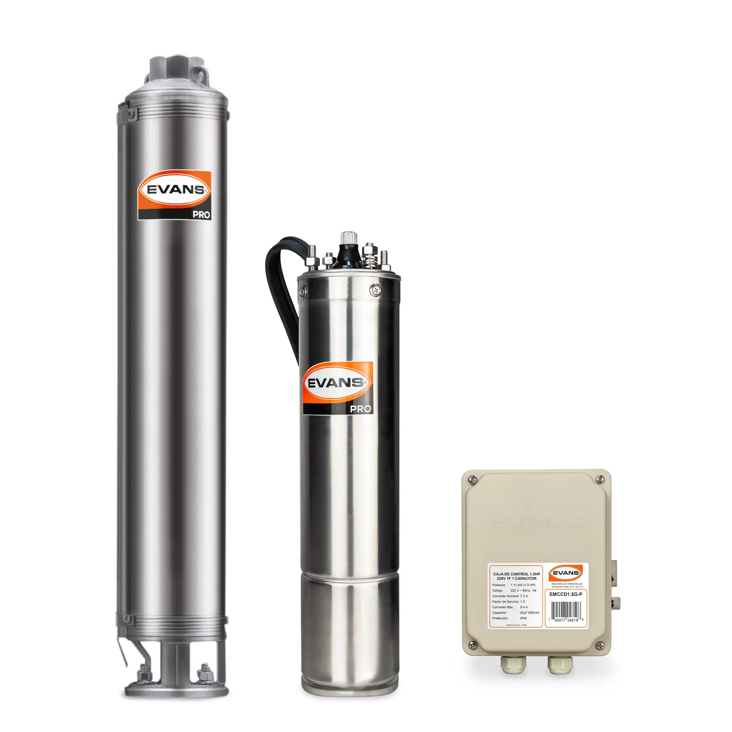 Equipo de riego sumergible 15GPM 1.5 HP 110 LPM 220 V monofásico Marca EVANS. Modelo: K-SS415ME150G3