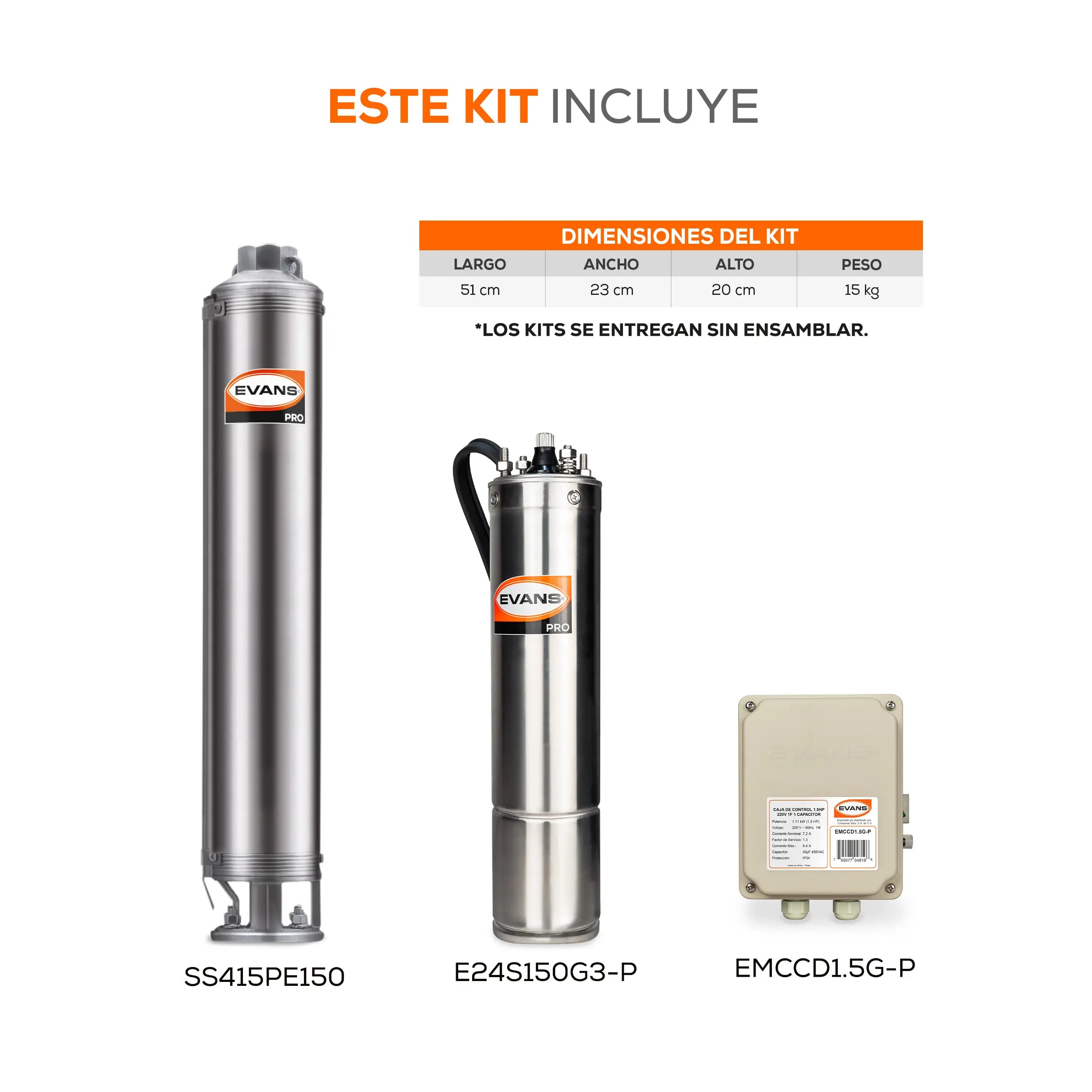 Equipo de riego sumergible 15GPM 1.5 HP 110 LPM 220 V monofásico Marca EVANS. Modelo: K-SS415ME150G3