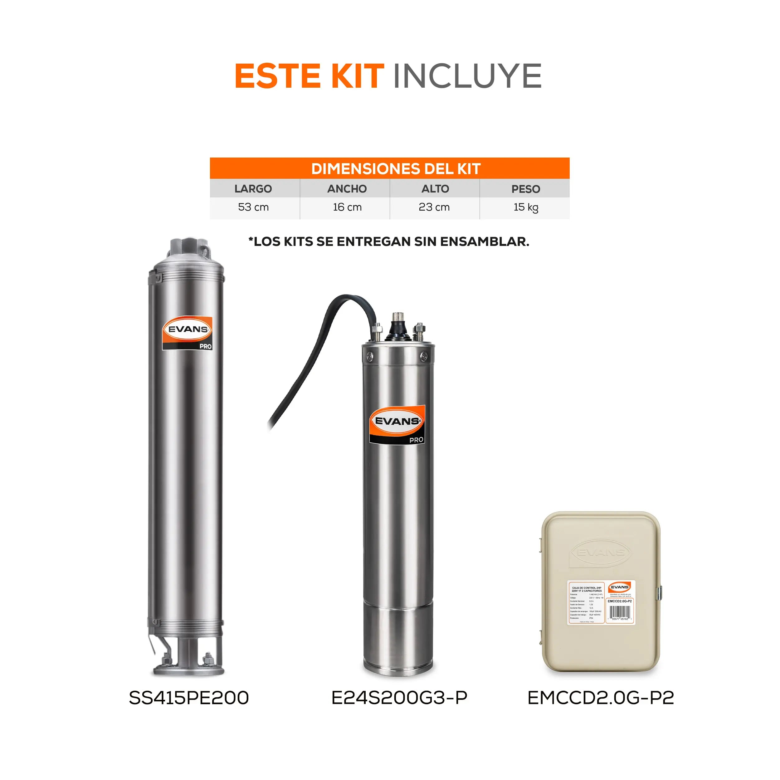 Equipo de riego sumergible 15GPM 2 HP 110 LPM 220 V monofásico Marca EVANS. Modelo: K-SS415ME200G3