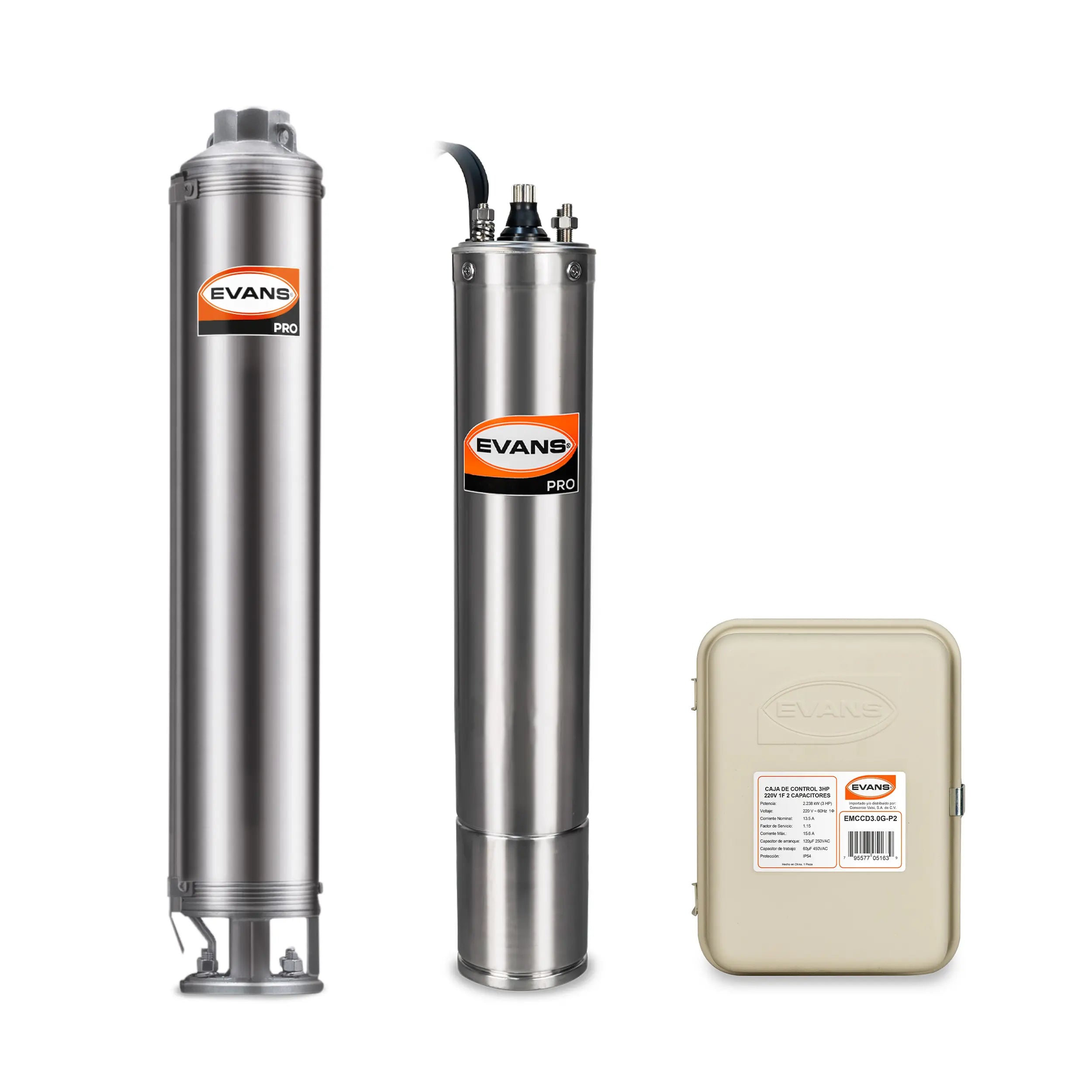 Equipo de riego sumergible 15GPM 3 HP 110 LPM 220 V monofásico Marca EVANS. Modelo: K-SS415ME300G3